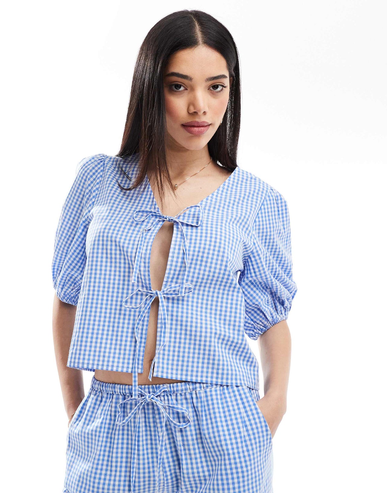 Esmee Exclusive tie front puff sleeve beach top in blue and white gingham