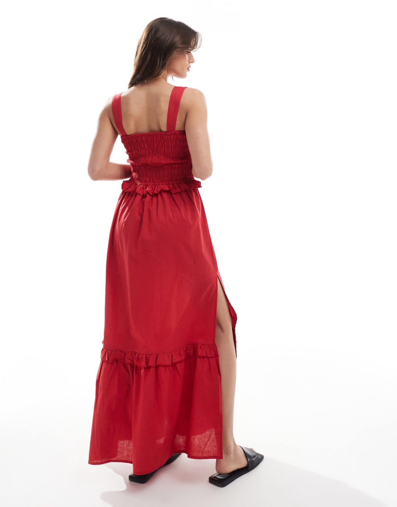 Esmee Exclusive shirring maxi beach dress with ruffle trim in red