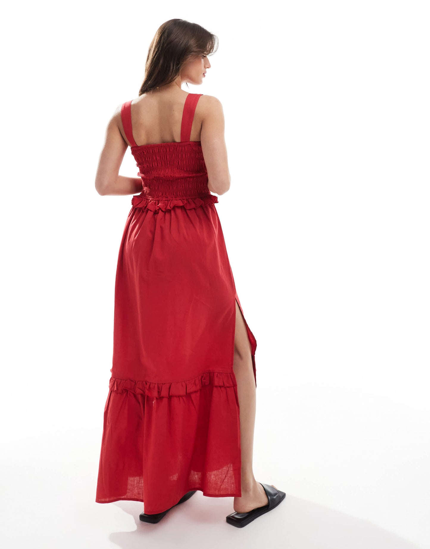 Esmee Exclusive shirring maxi beach dress with ruffle trim in red