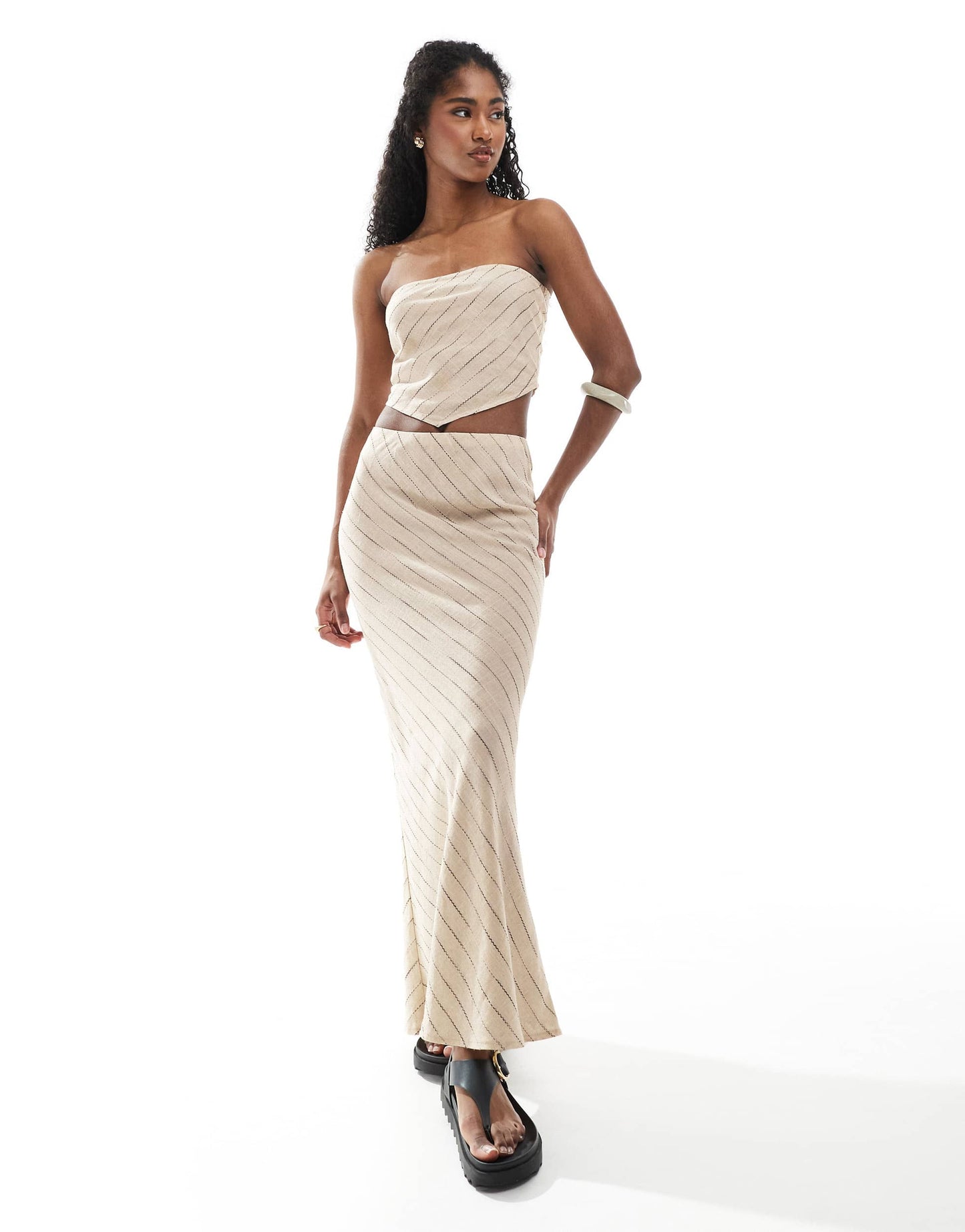 ASOS DESIGN linen look bias maxi skirt co-ord in natural stripe