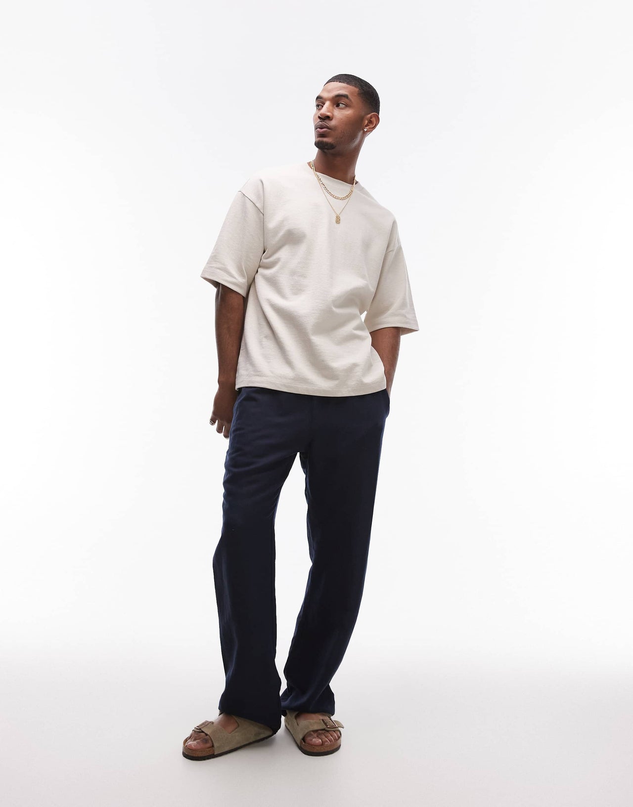 Topman wide leg linen trouser in navy