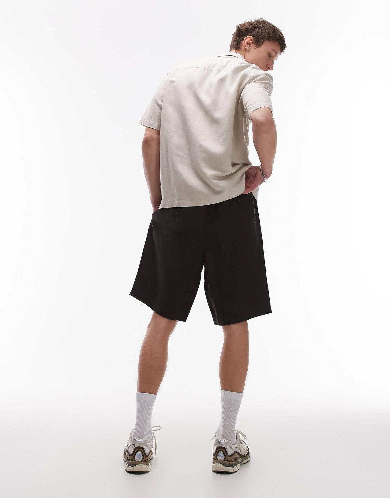 Topman wide leg linen short in black