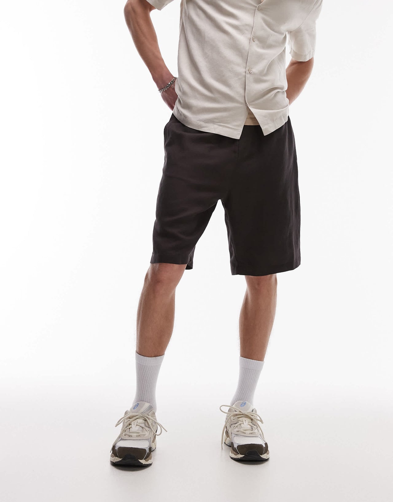 Topman wide leg linen short in black