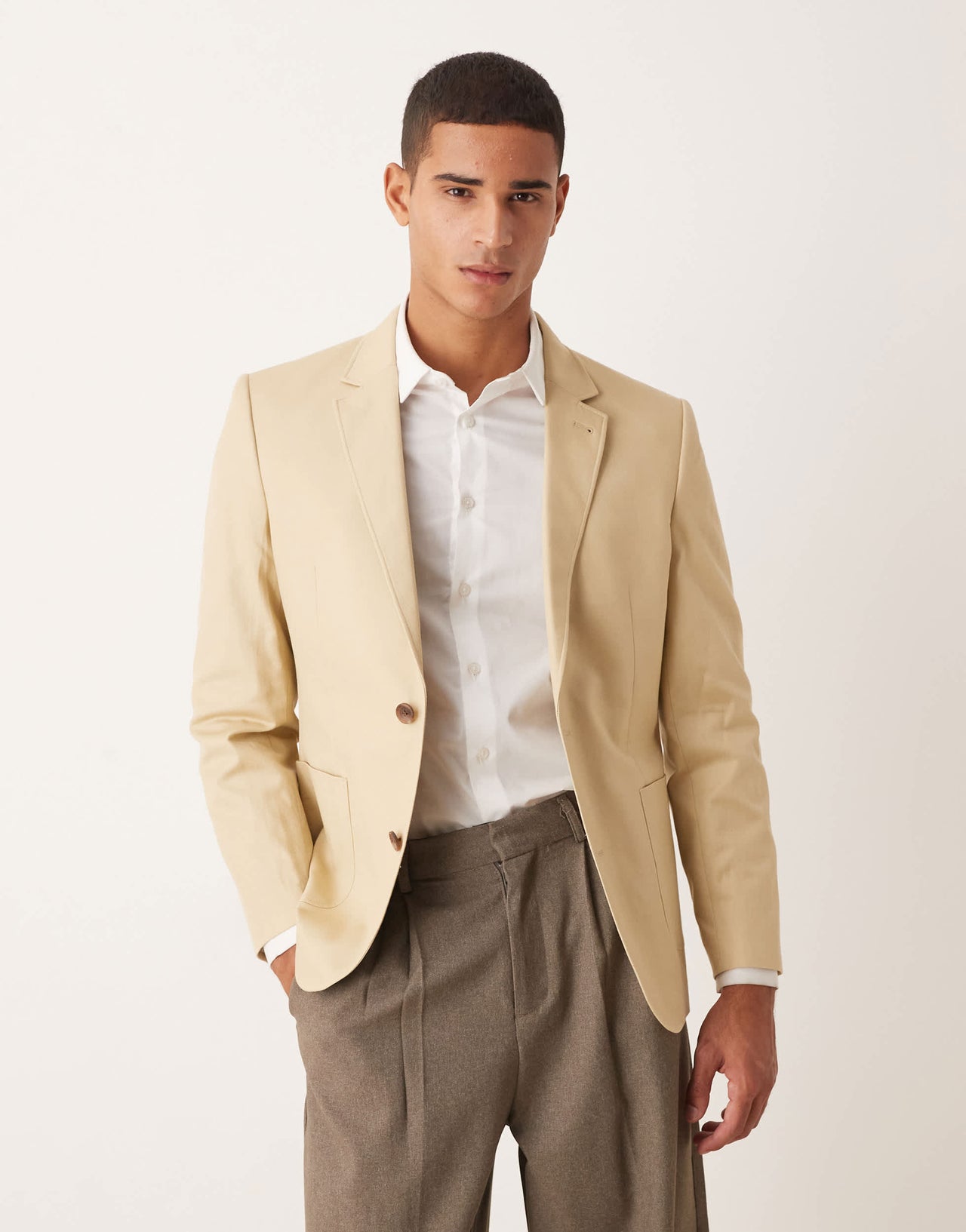 ASOS DESIGN slim cotton linen blend blazer in stone