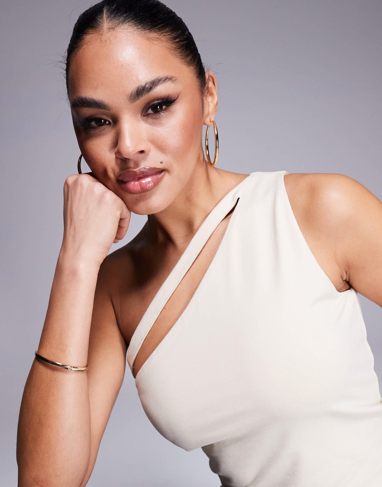 ASOS DESIGN double layer one shoulder top with strap detail in stone