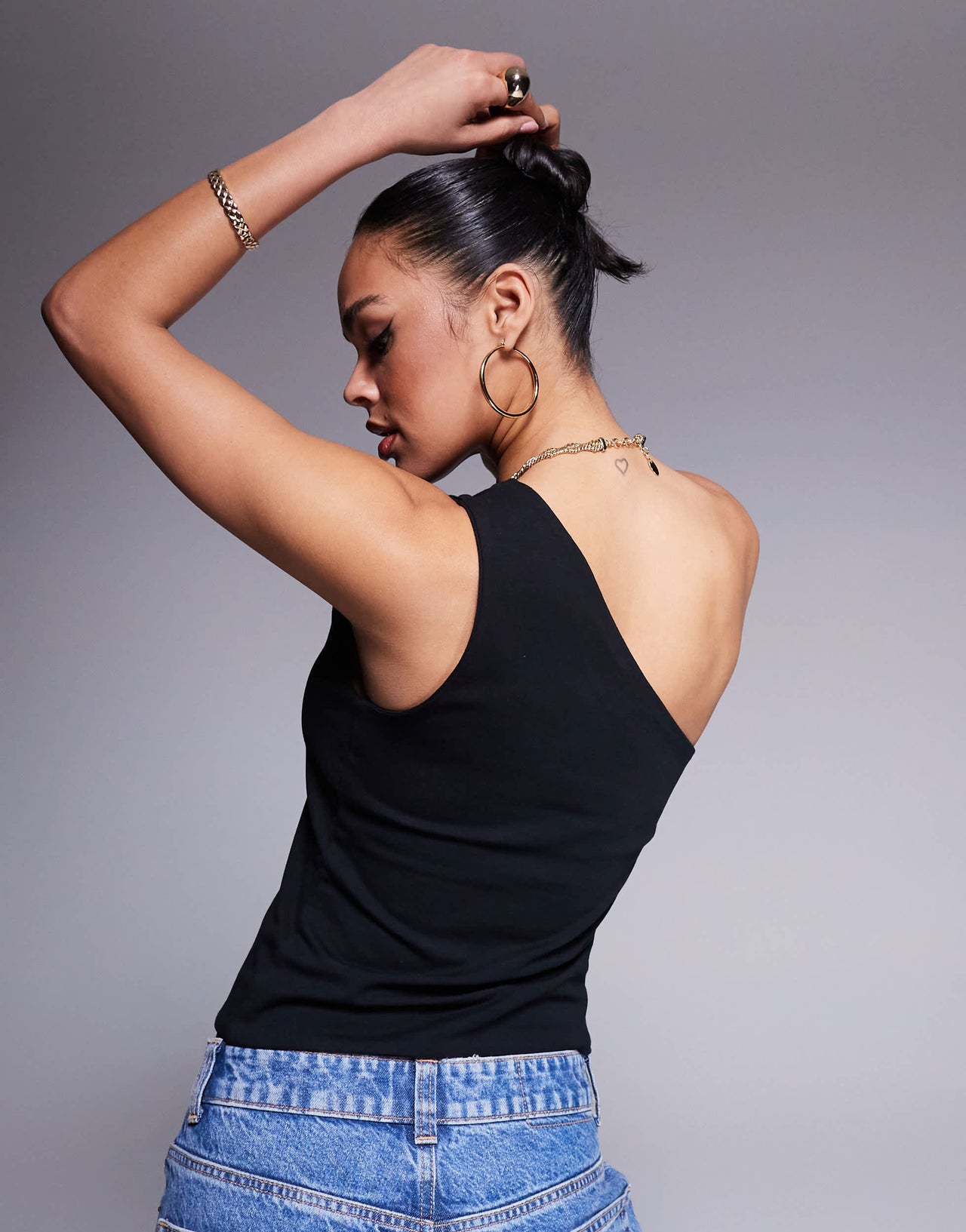 ASOS DESIGN double layer one shoulder top with strap detail in black
