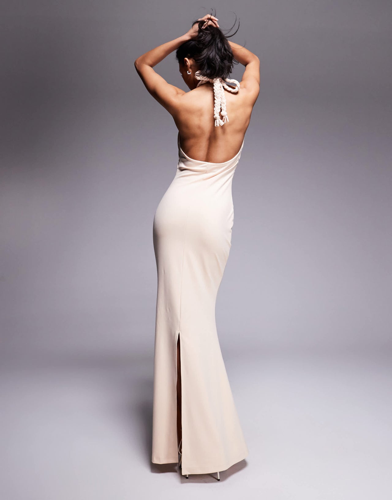 Murci exclusive double layered slinky rope trim keyhole detail halterneck maxi dress in cream