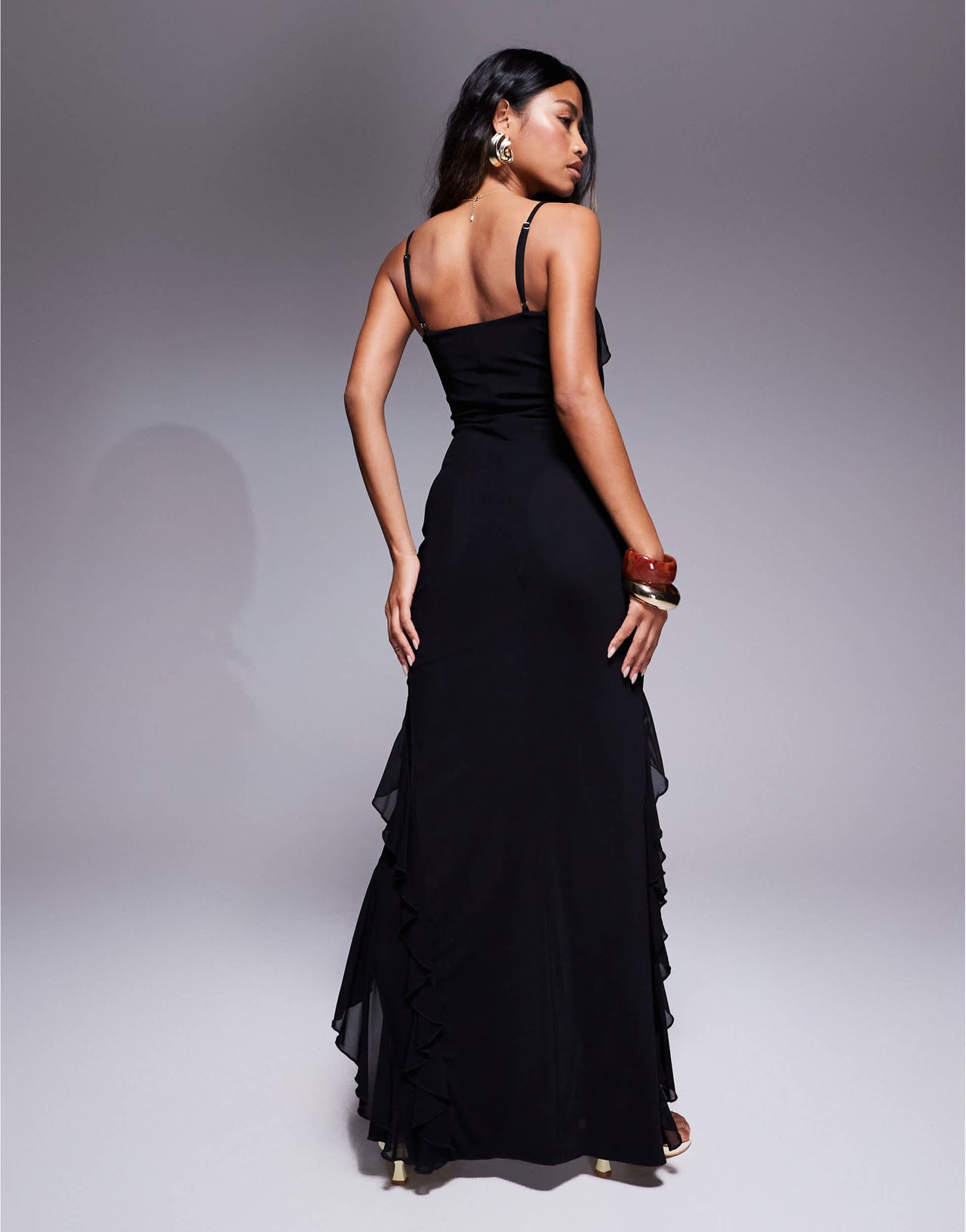Murci exclusive ruffle detail cami front split maxi dress in black