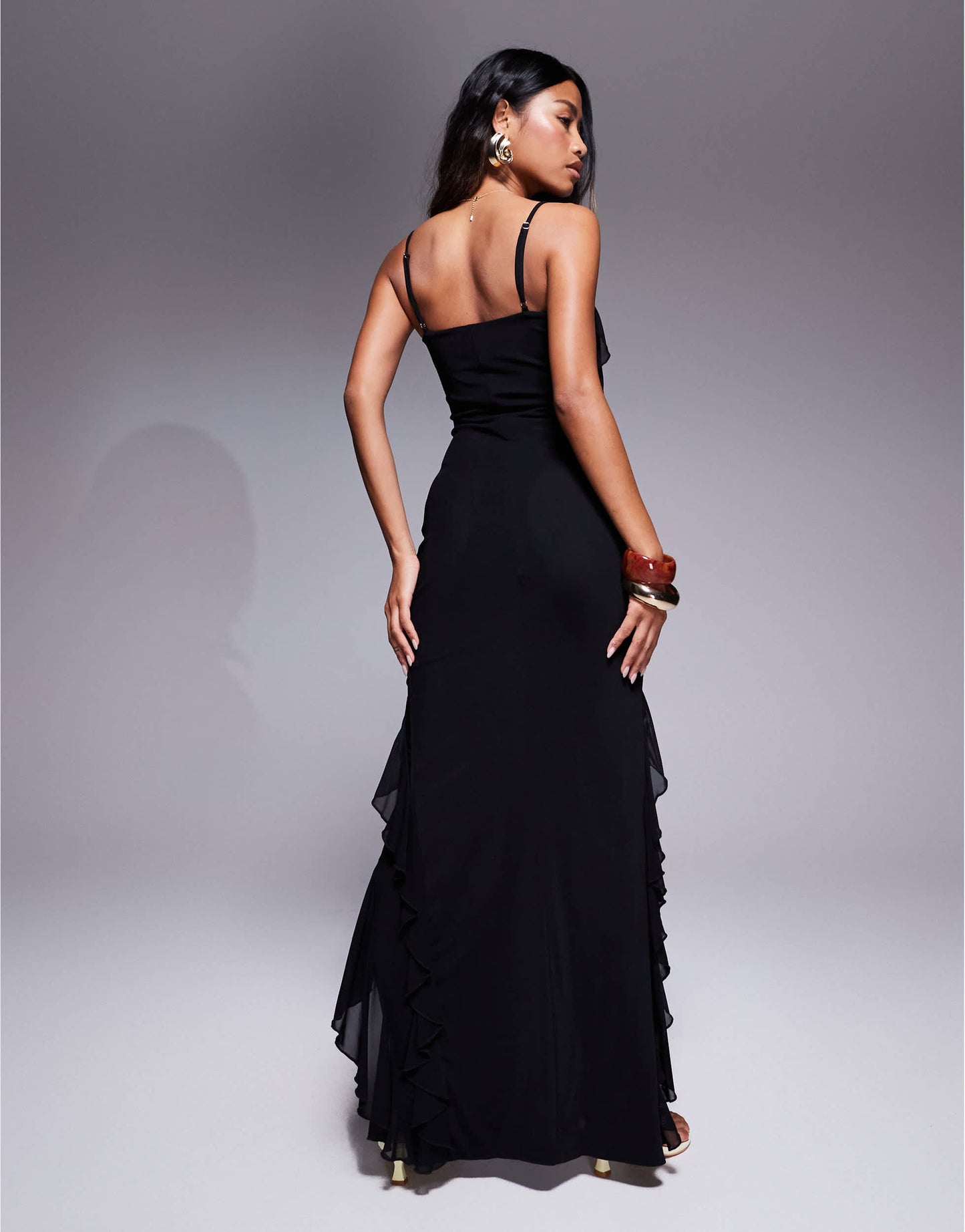 Murci exclusive ruffle detail cami front split maxi dress in black
