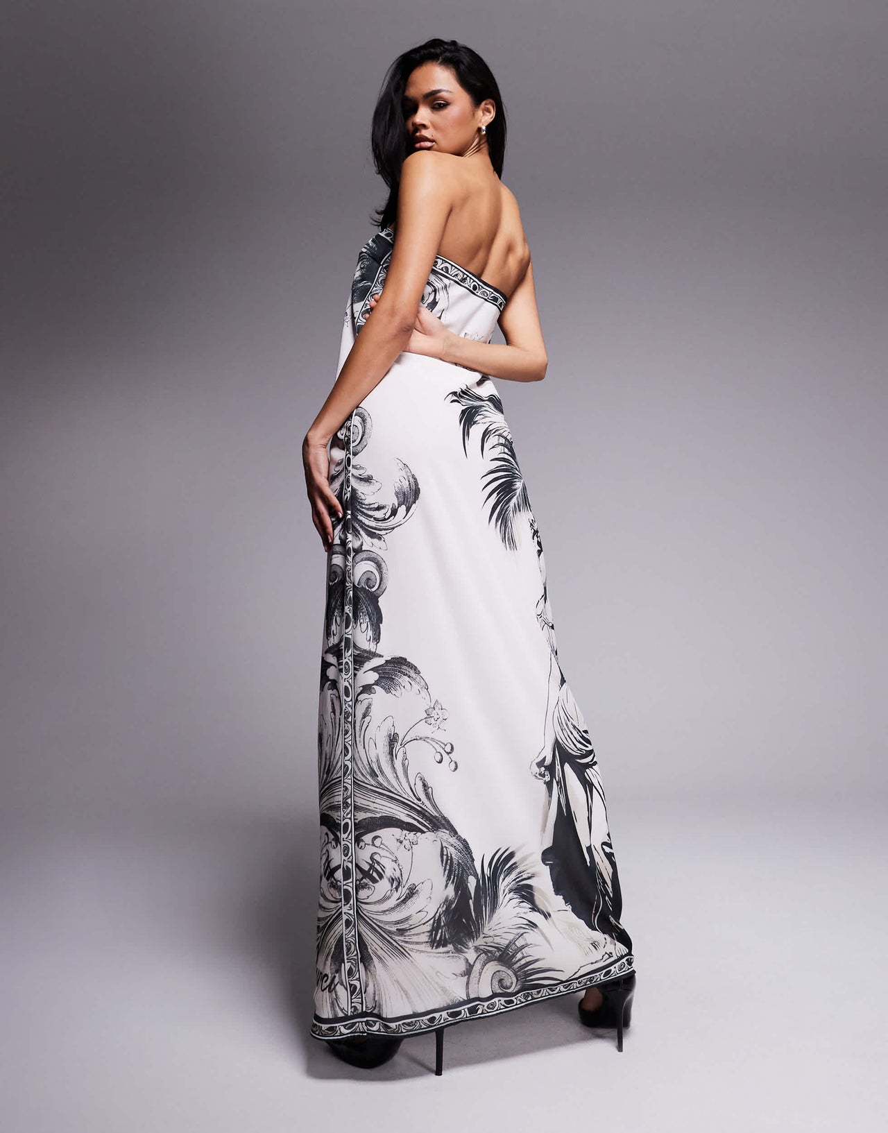 Murci exclusive chiffon bandeau trapeze maxi dress in black and white palm print
