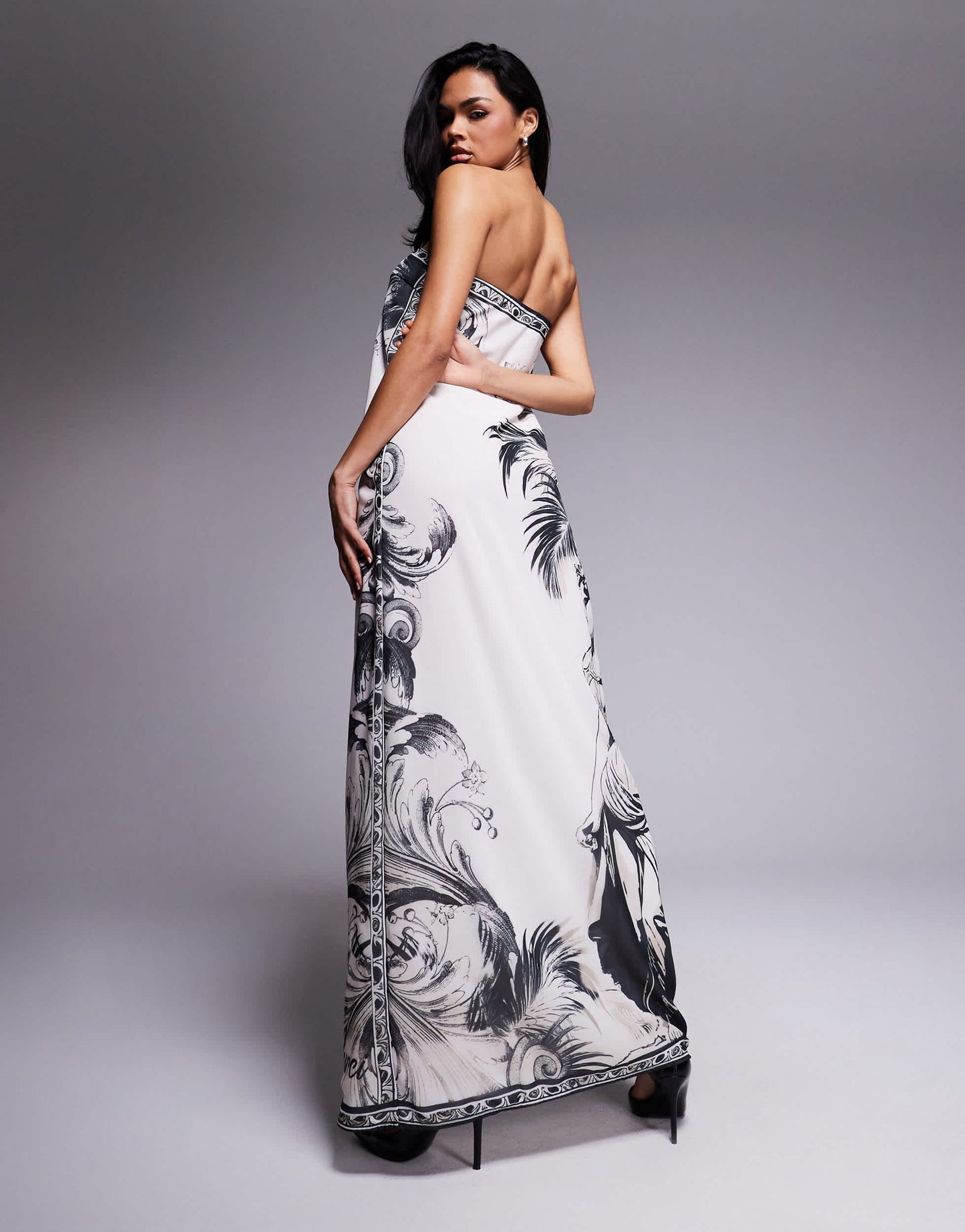 Murci exclusive chiffon bandeau trapeze maxi dress in black and white palm print