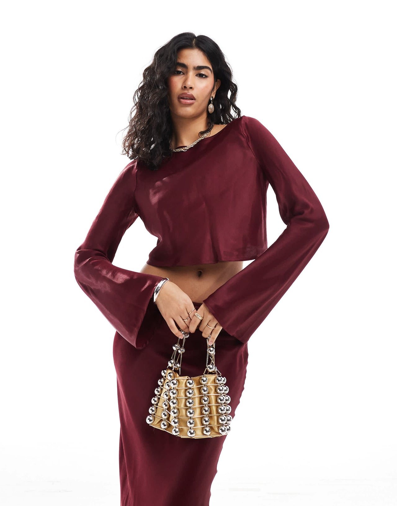 ASOS DESIGN satin slash neck crop blouse co ord in burgundy