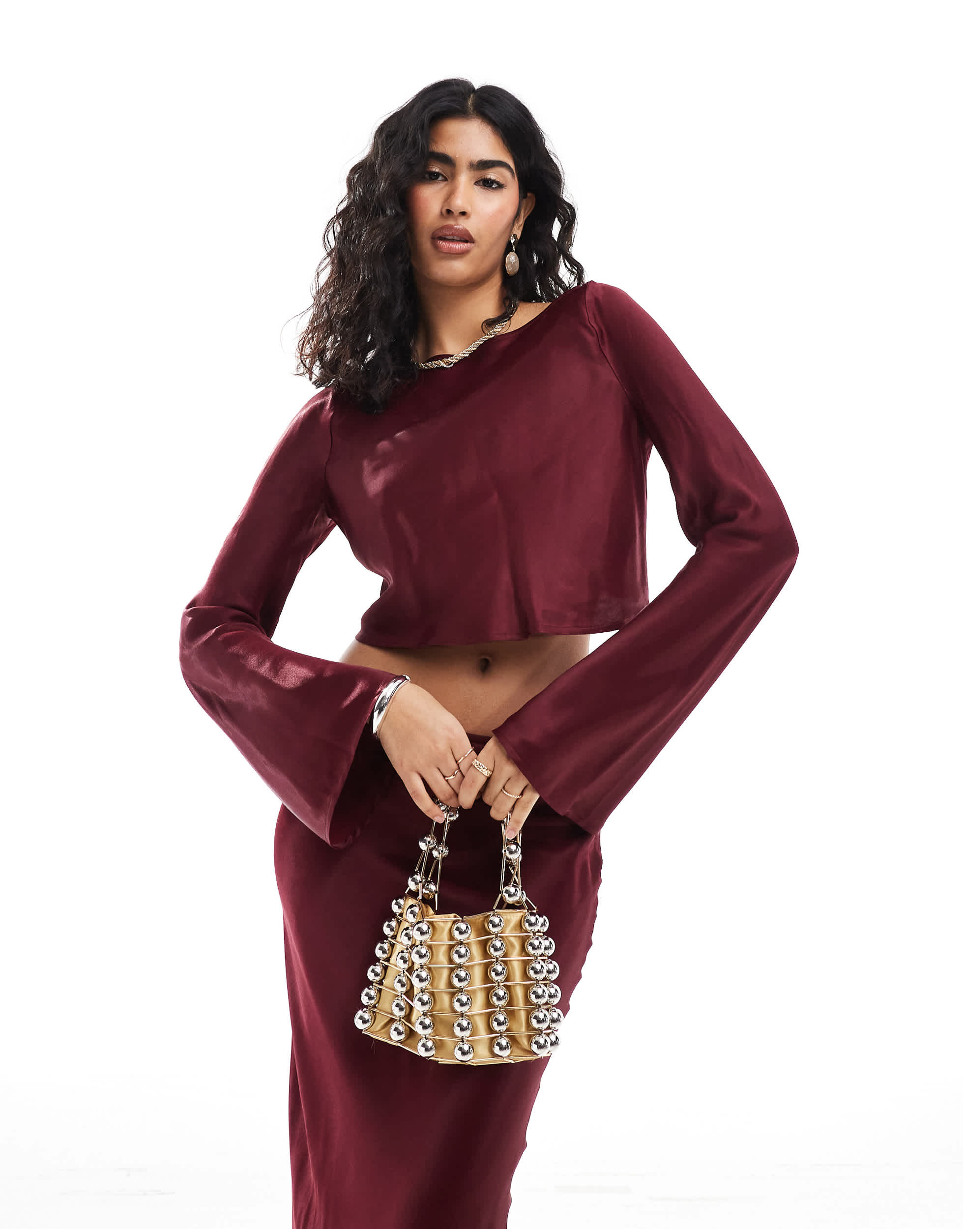 ASOS DESIGN satin slash neck crop blouse co ord in burgundy