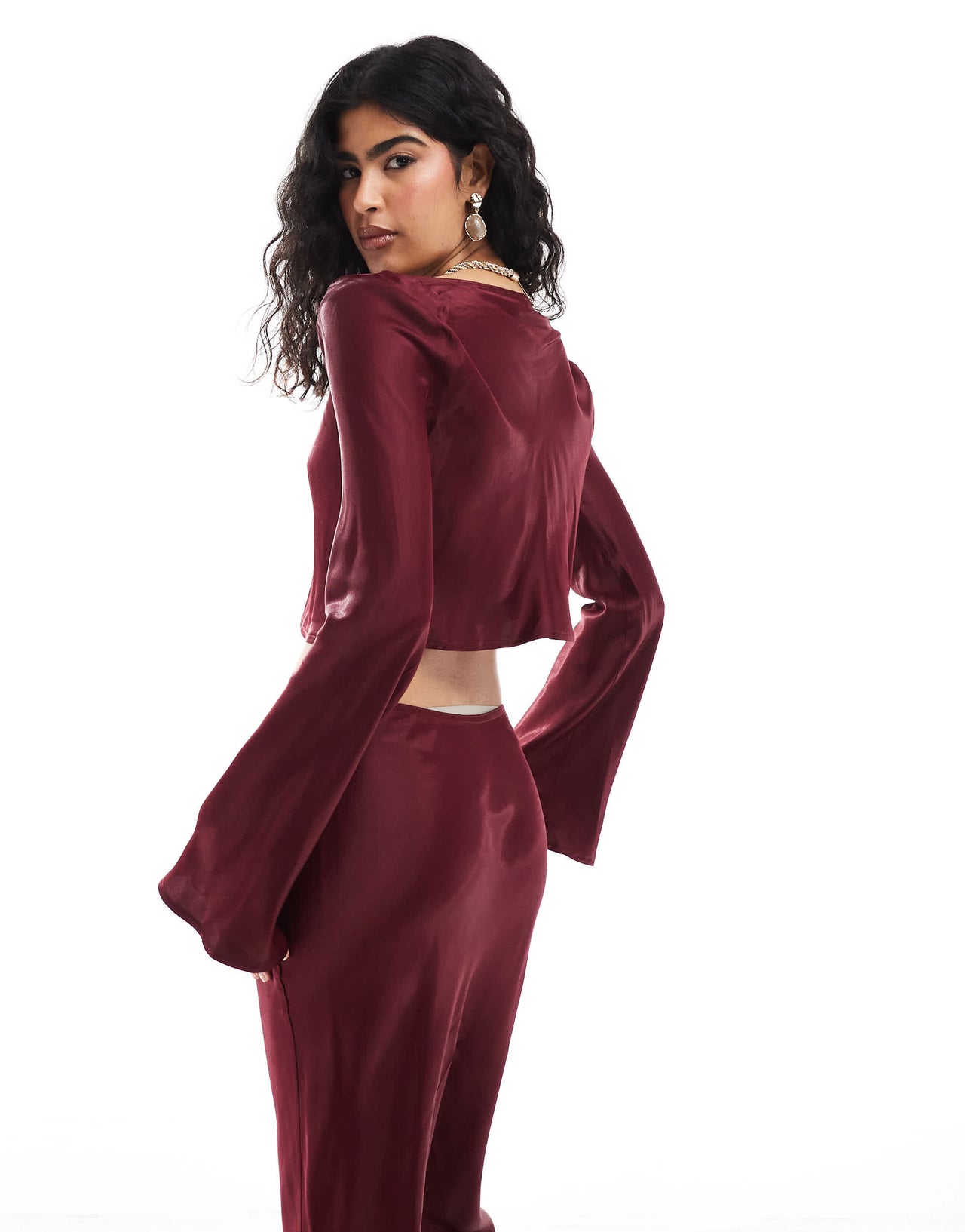 ASOS DESIGN satin slash neck crop blouse co ord in burgundy