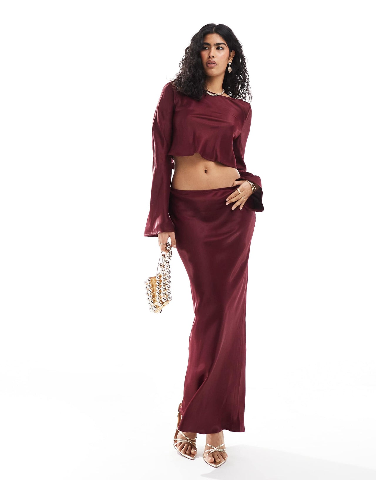 ASOS DESIGN satin slash neck crop blouse co ord in burgundy