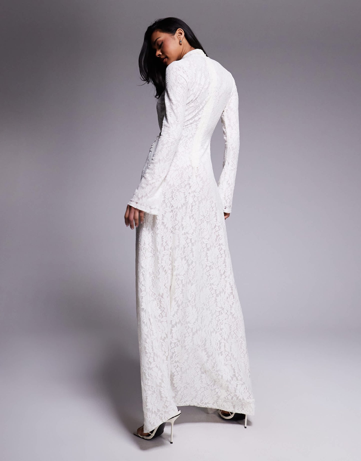 Murci exclusive lace high neck keyhole detail thigh split maxi dress in cream