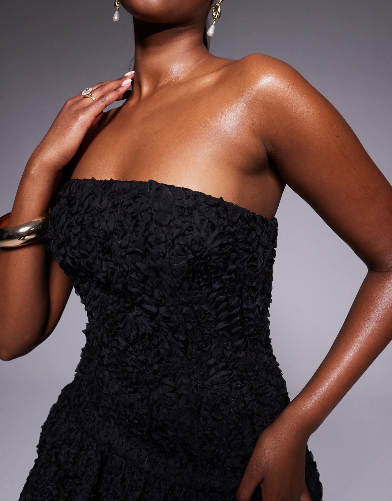 Murci exclusive bandeau textured dropped waist puffball mini dress in black