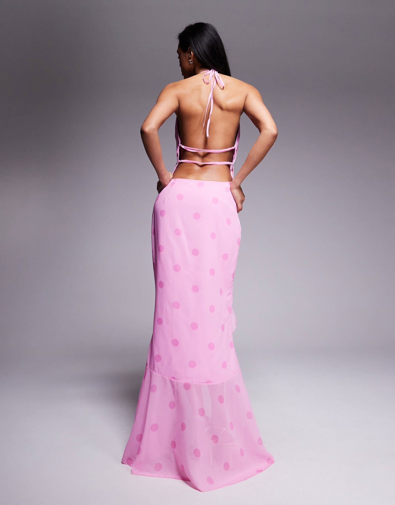 Murci exclusive halterneck deep plunge ruffle high low hem maxi dress in pink polka dot