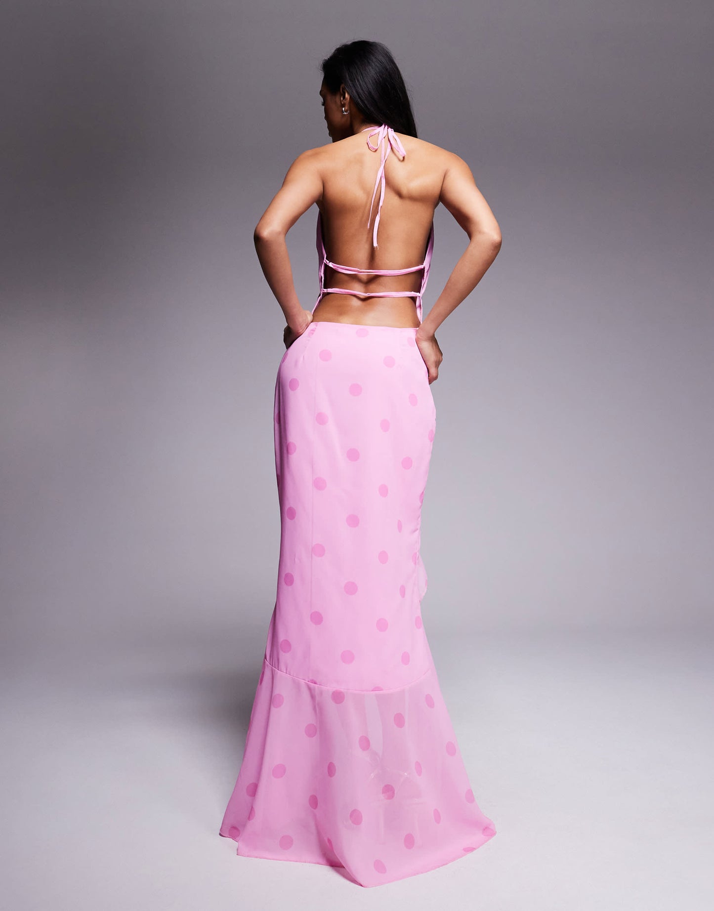 Murci exclusive halterneck deep plunge ruffle high low hem maxi dress in pink polka dot