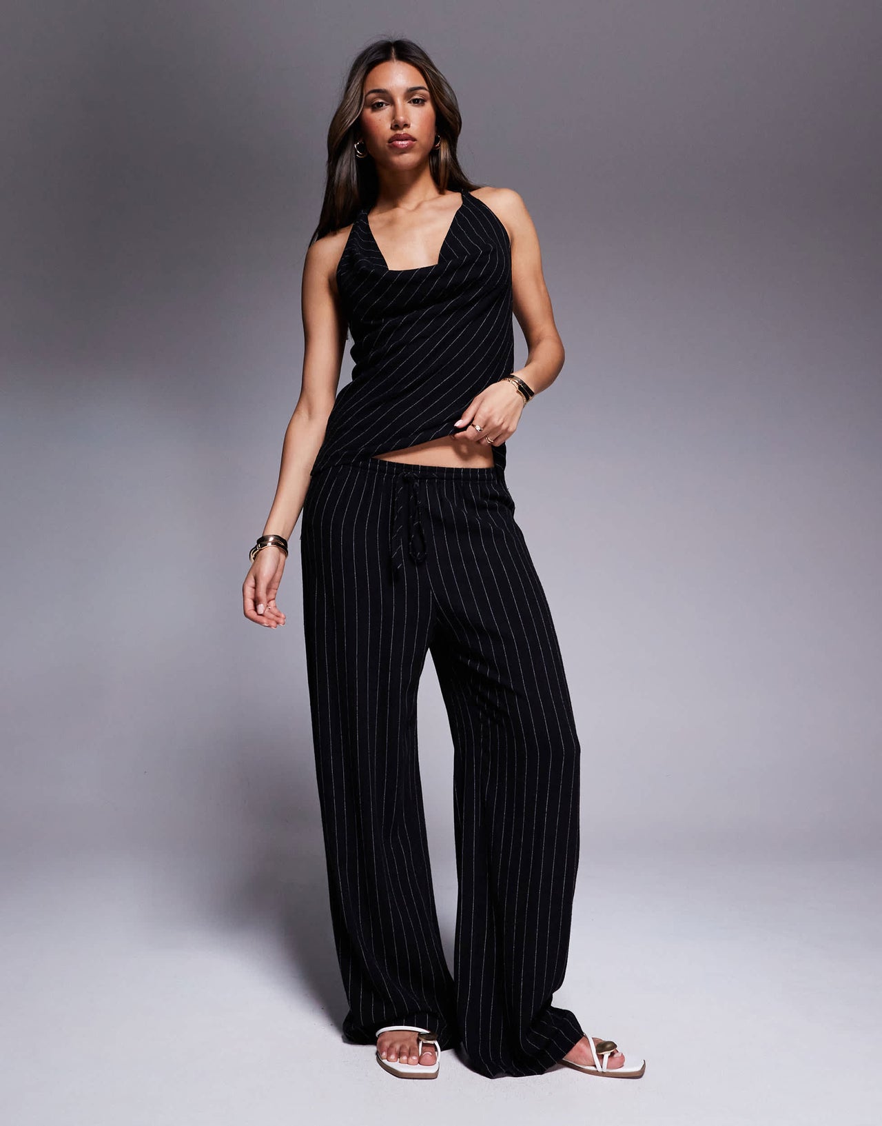 River Island striped halterneck top co-ord in black