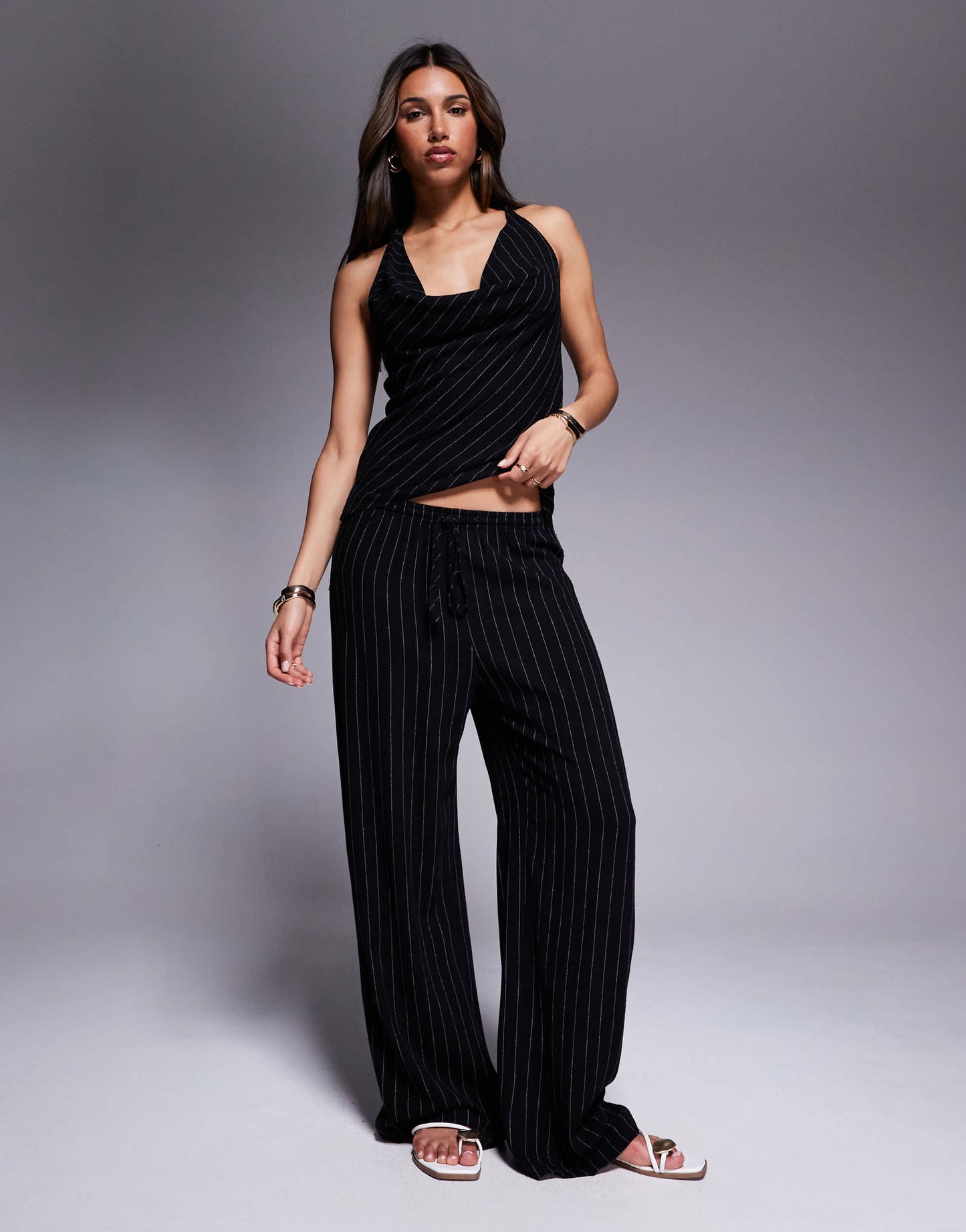 River Island striped halterneck top co-ord in black