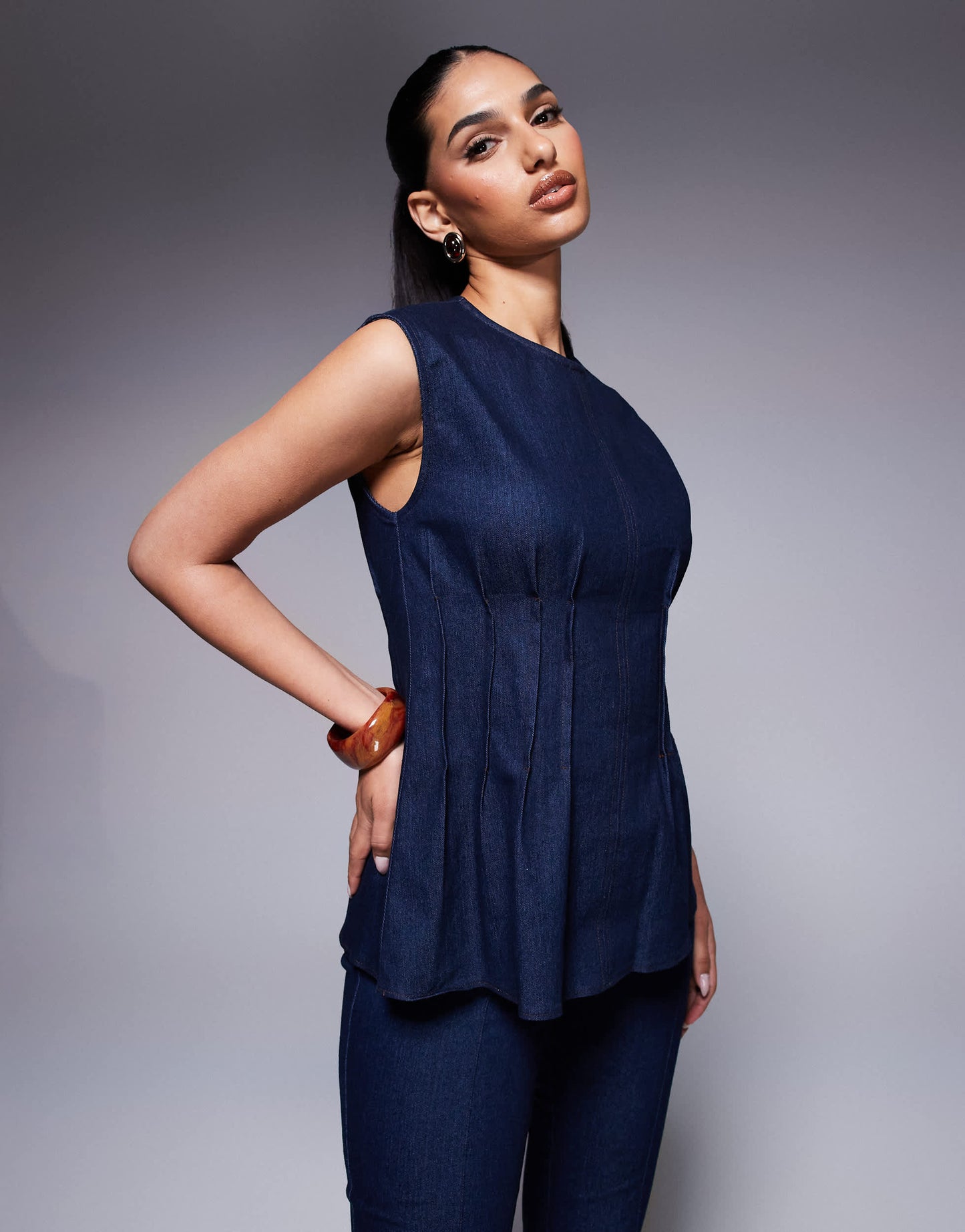 River Island pintuck denim top in darkwash blue