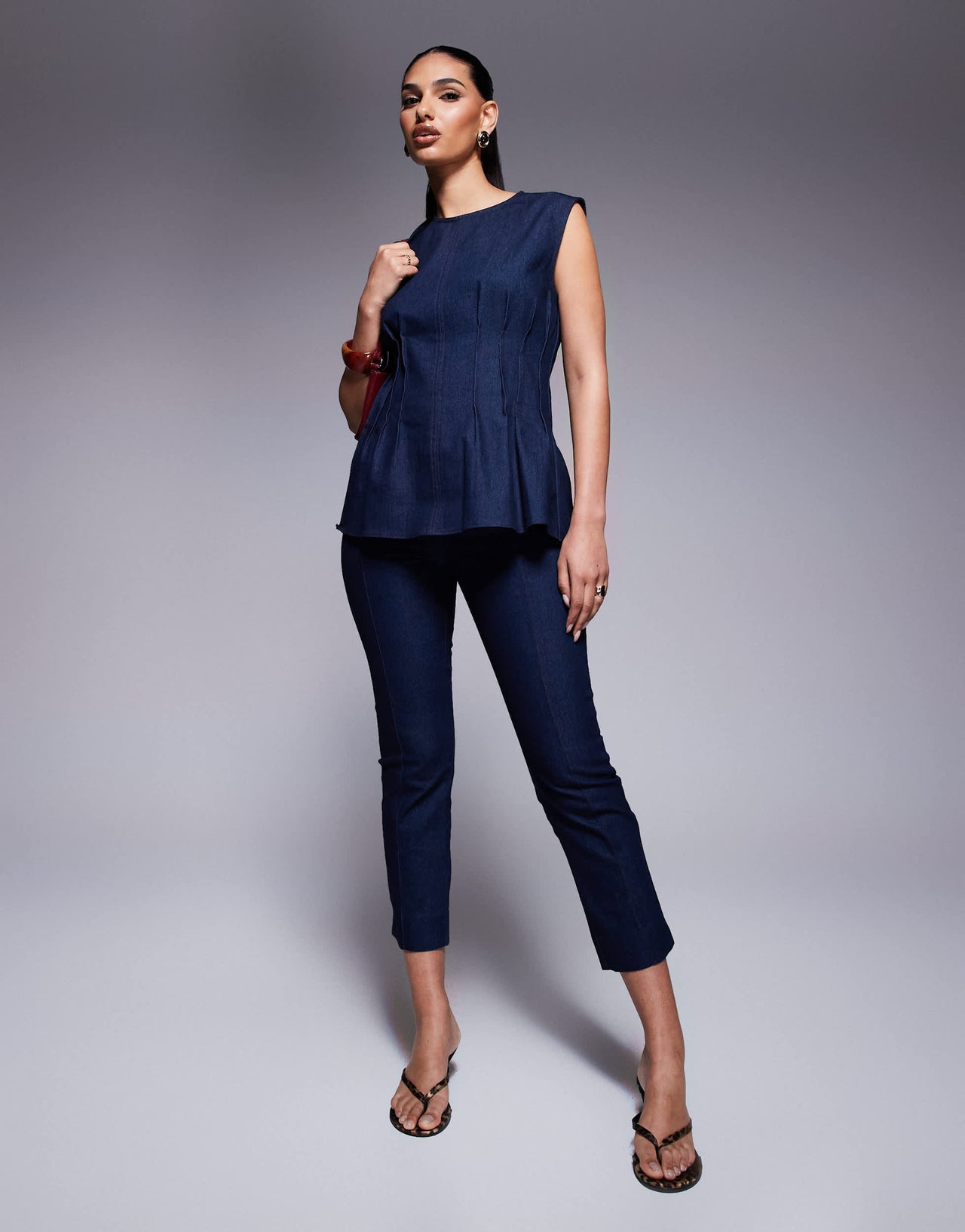 River Island pintuck denim top in darkwash blue
