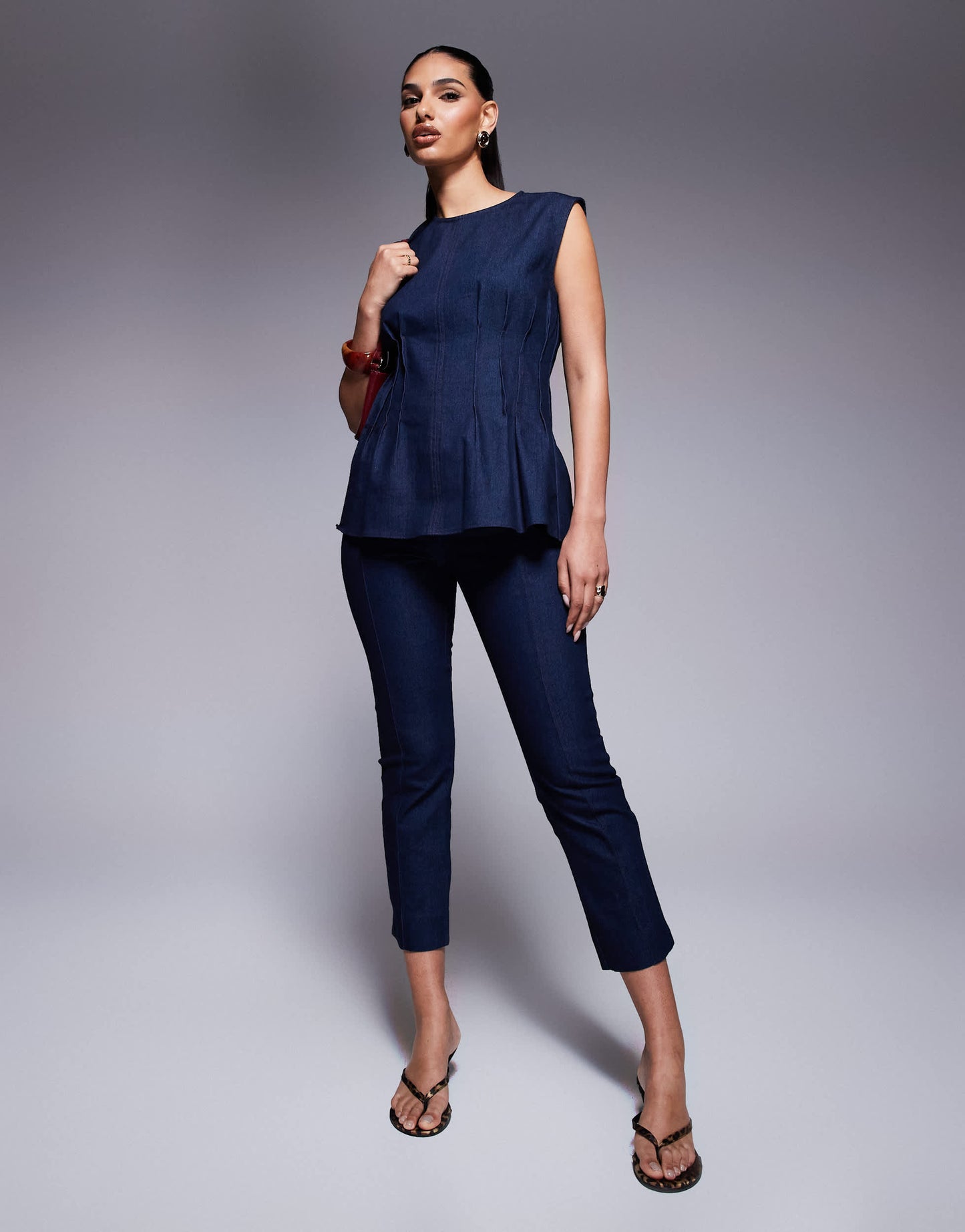 River Island pintuck denim top in darkwash blue