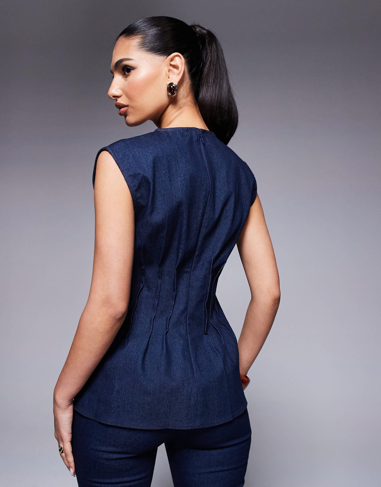 River Island pintuck denim top in darkwash blue