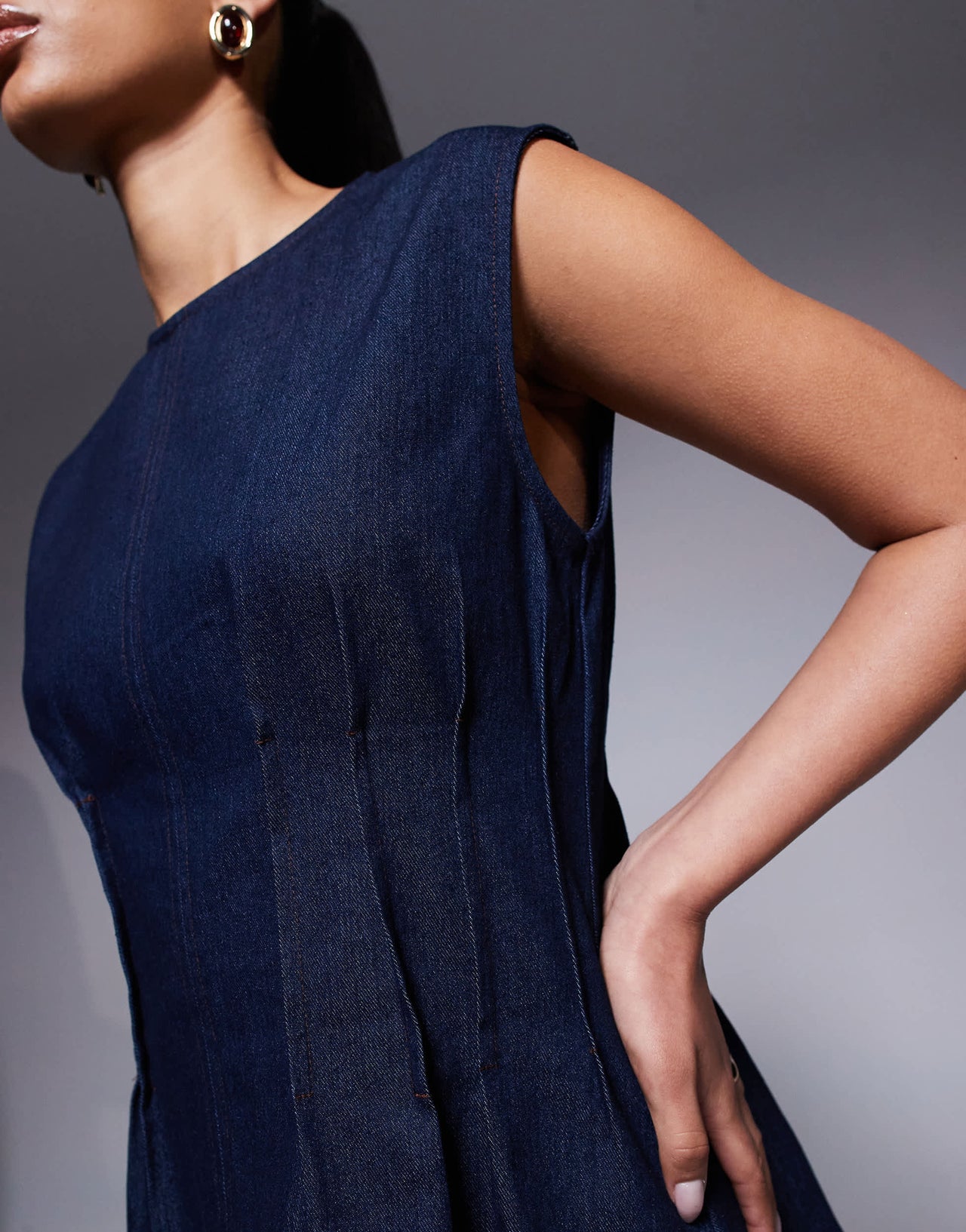 River Island pintuck denim top in darkwash blue