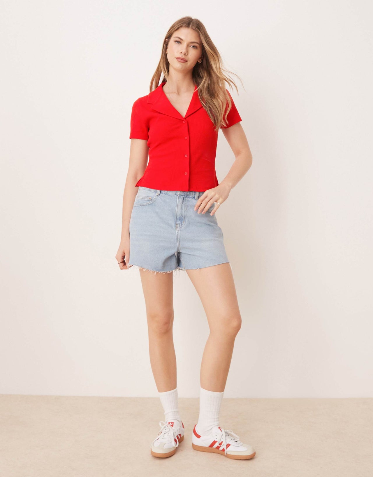 ASOS DESIGN shrunken revere waffle shirt in red