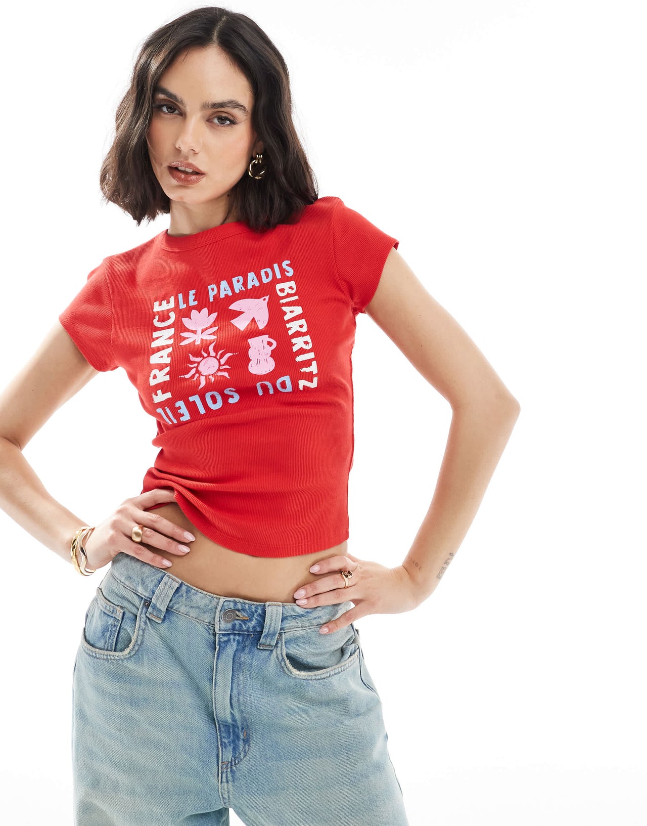 ASOS DESIGN rib baby tee with soleil graphic in red