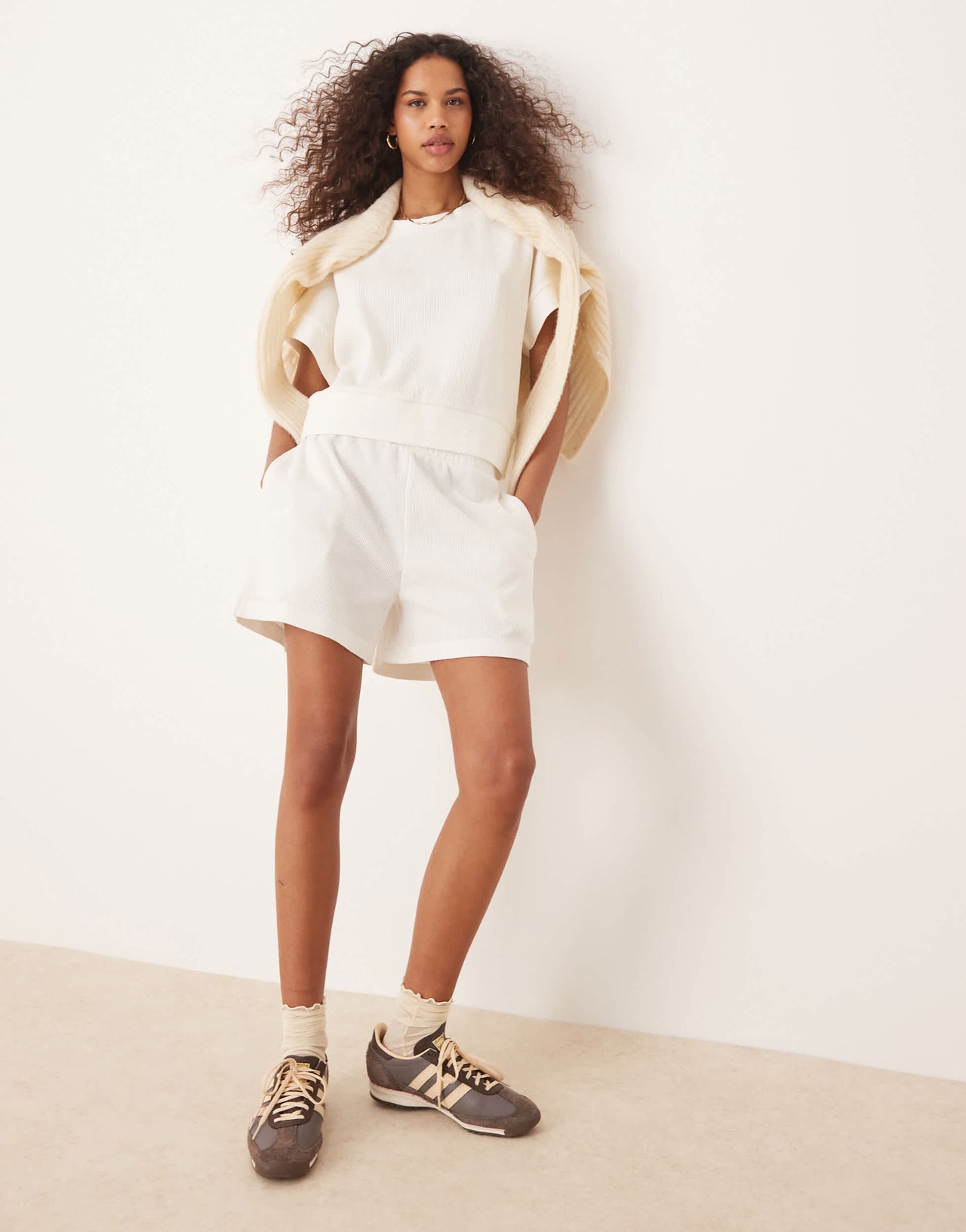 ASOS DESIGN longline waffle short in cream
