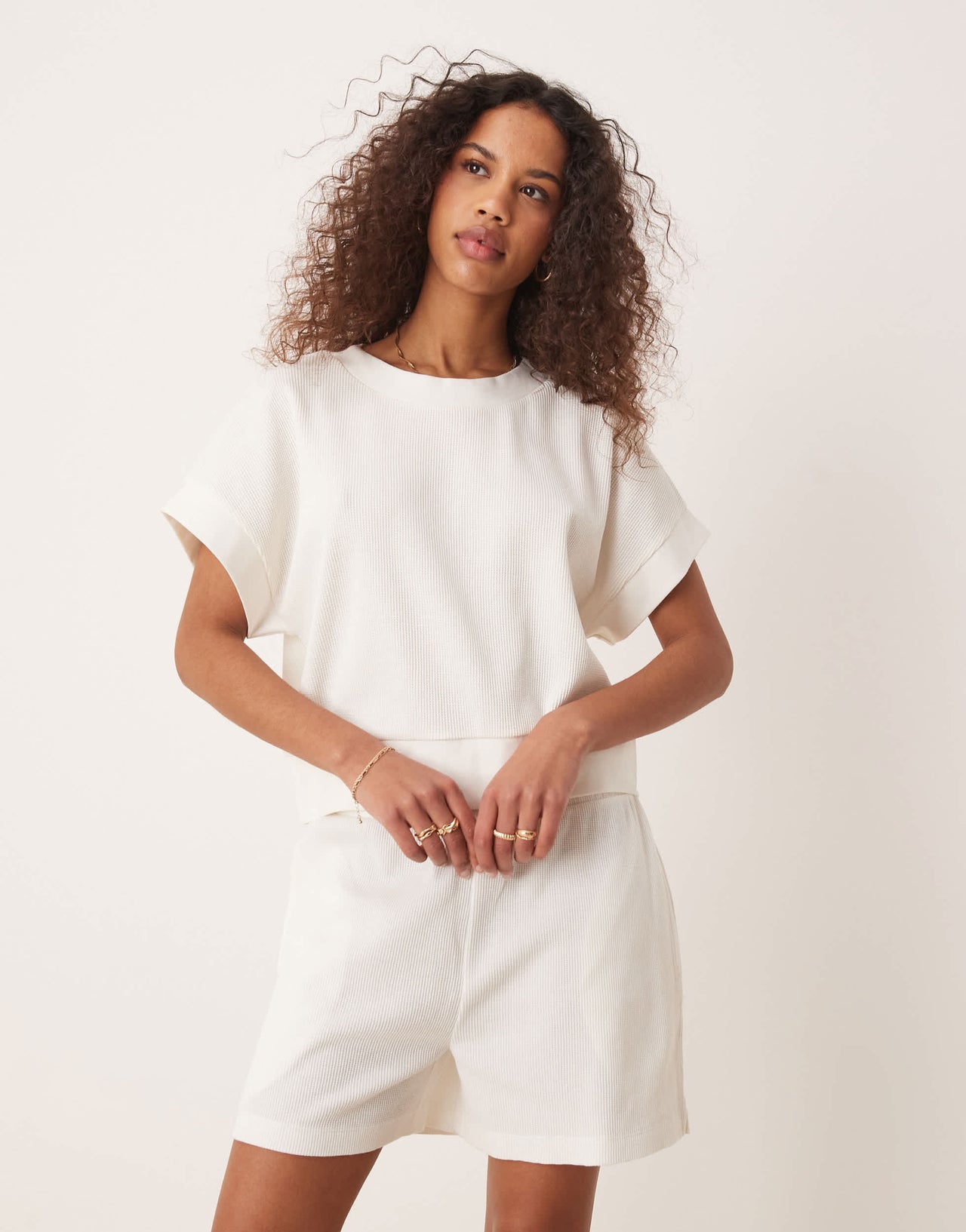 ASOS DESIGN longline waffle short in cream