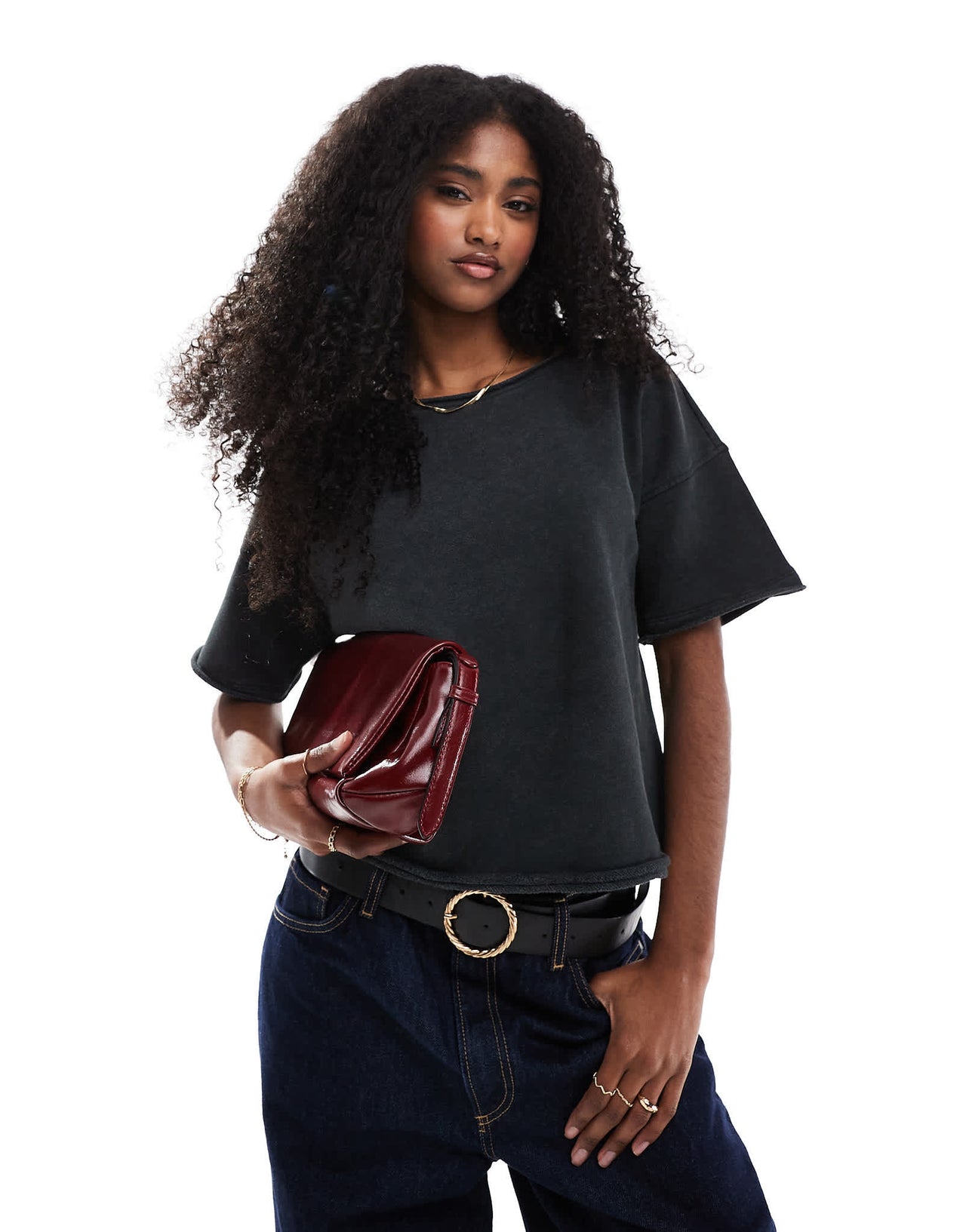 ASOS DESIGN raw edge loop back boxy t-shirt in washed charcoal