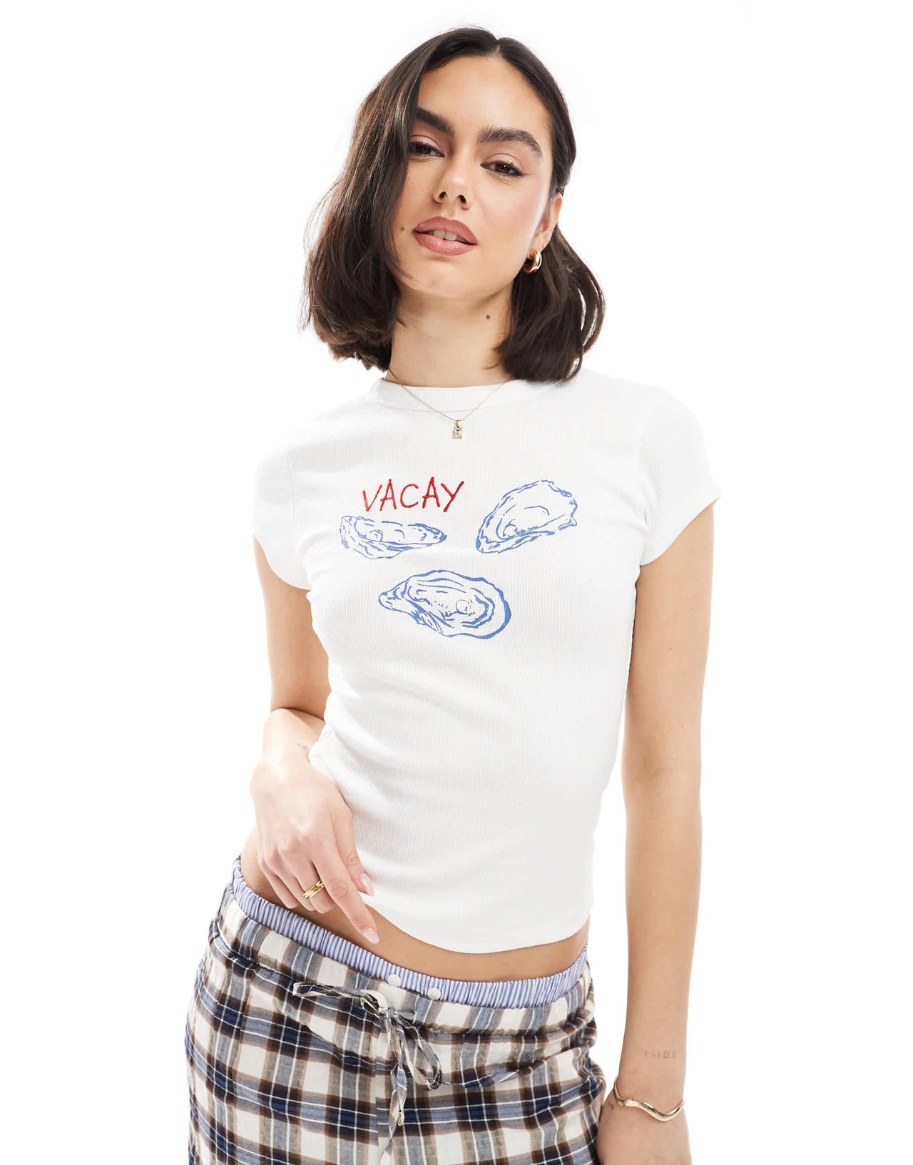 ASOS DESIGN ribbed baby tee with oyster graphic in white