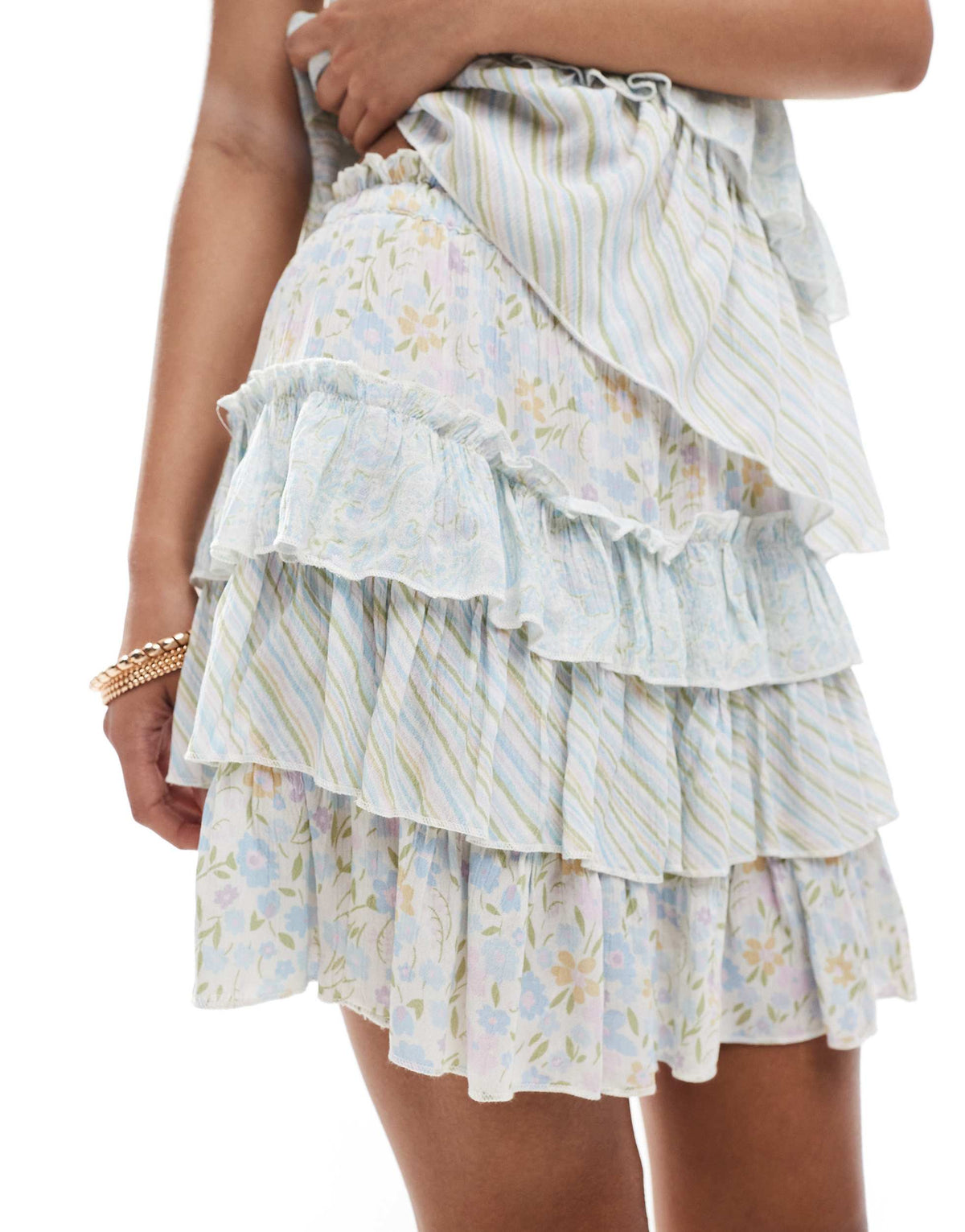 Miss Selfridge tiered mini skirt in blue ditsy print