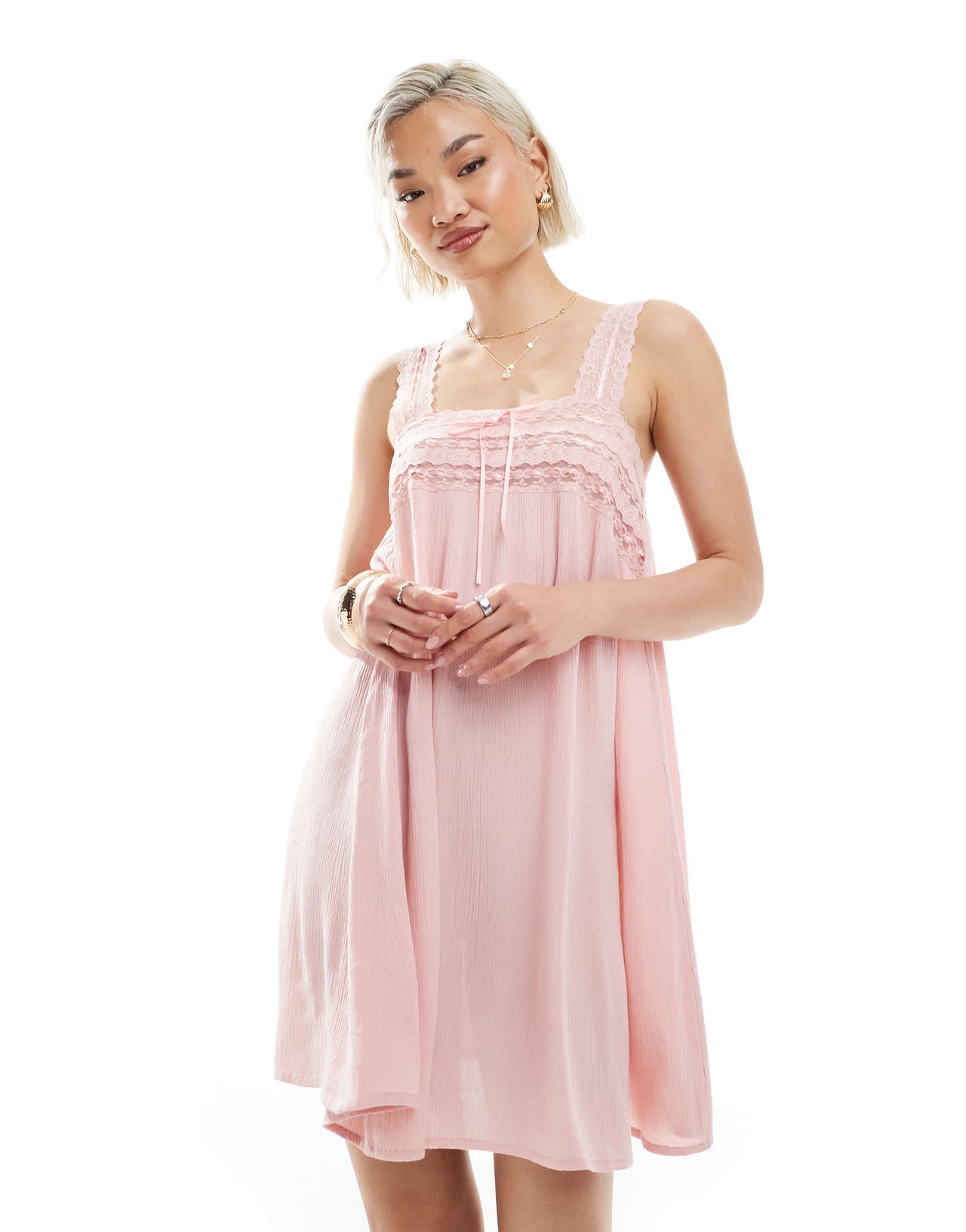 Miss Selfridge lace trim cheese cloth mini dress in Dusty Pink