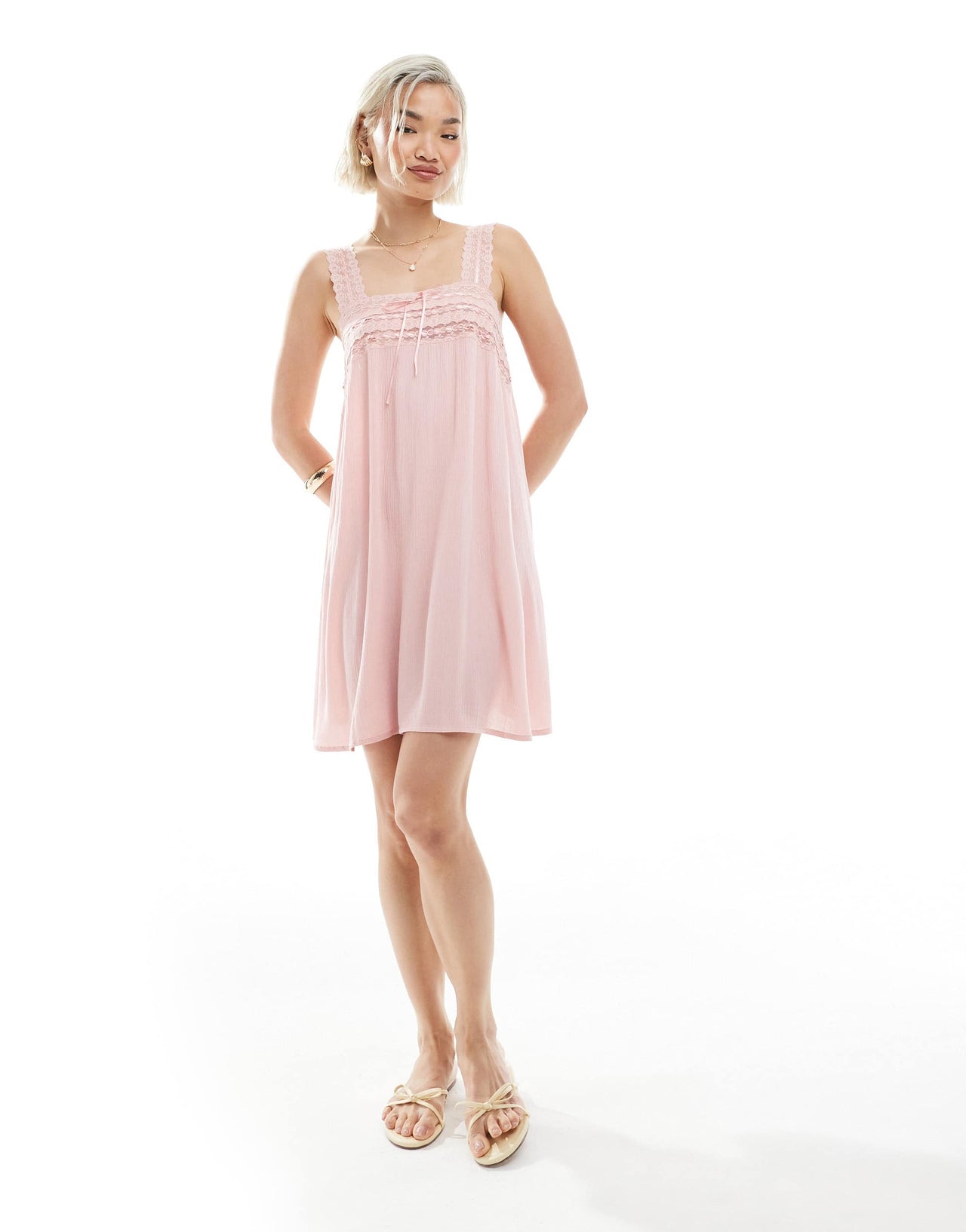 Miss Selfridge lace trim cheese cloth mini dress in Dusty Pink