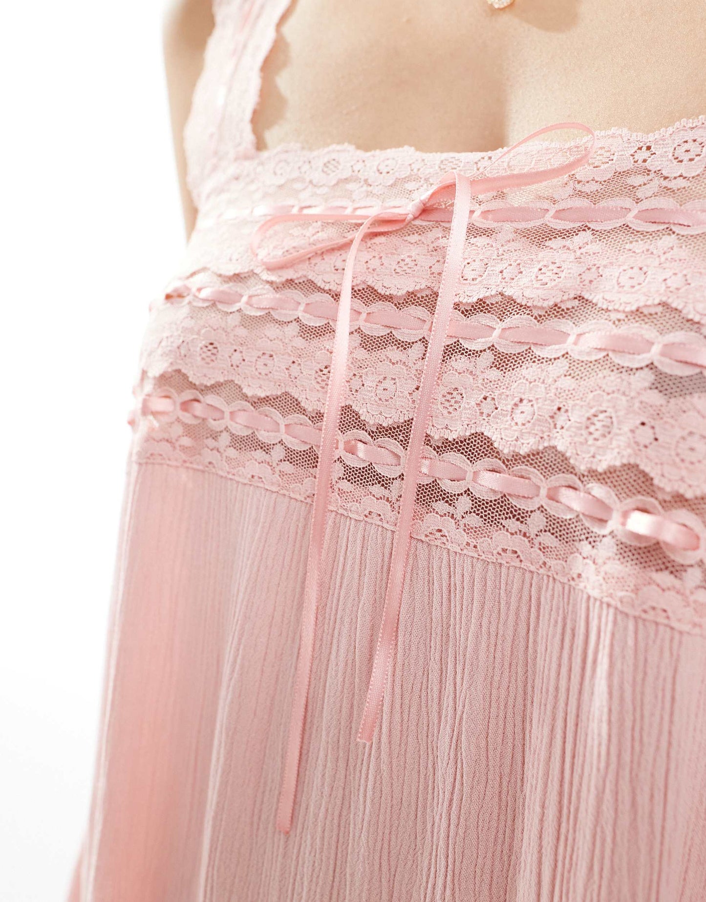 Miss Selfridge lace trim cheese cloth mini dress in Dusty Pink