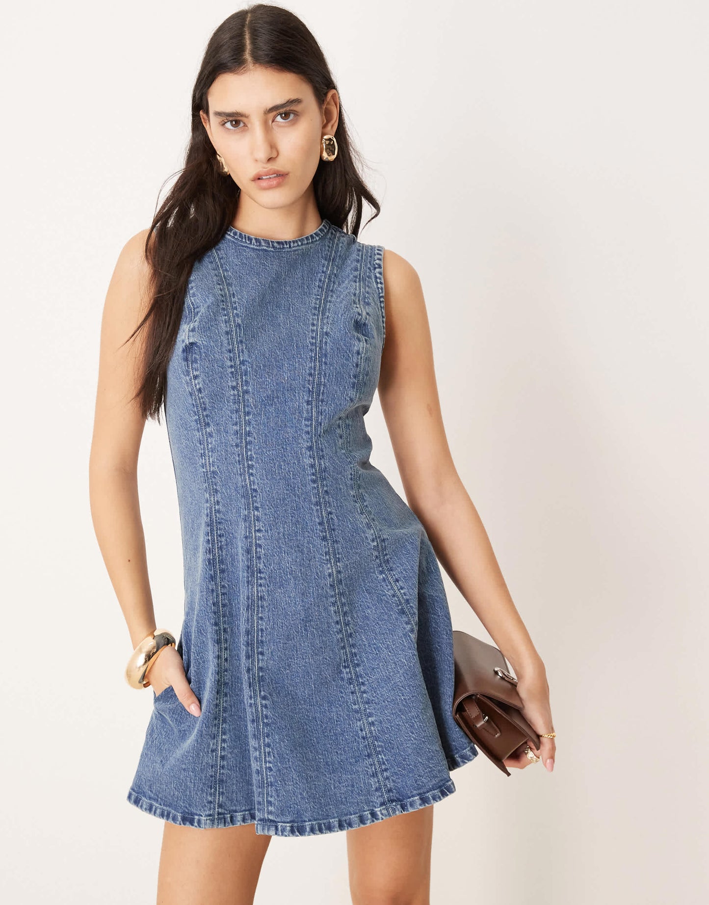 Abercrombie & Fitch high neck fit & flare panelled mini dress in indigo wash