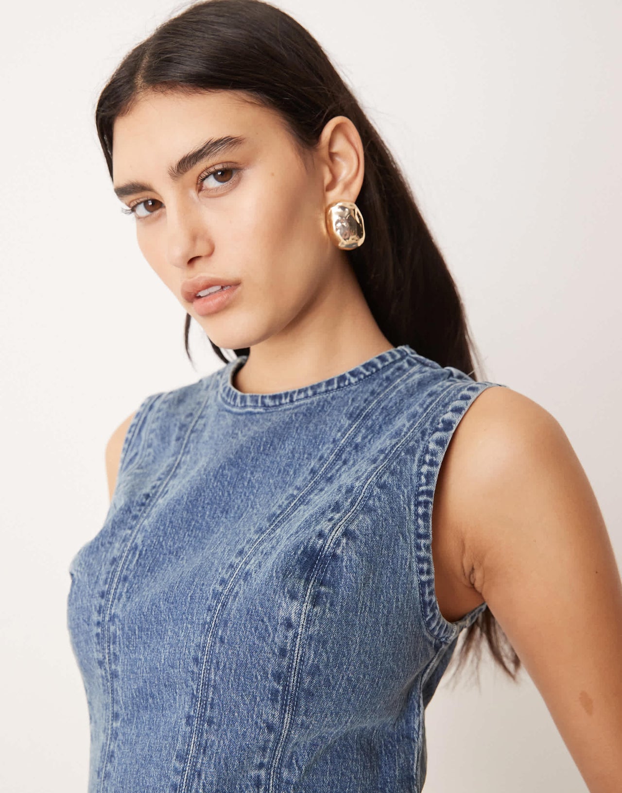 Abercrombie & Fitch high neck fit & flare panelled mini dress in indigo wash