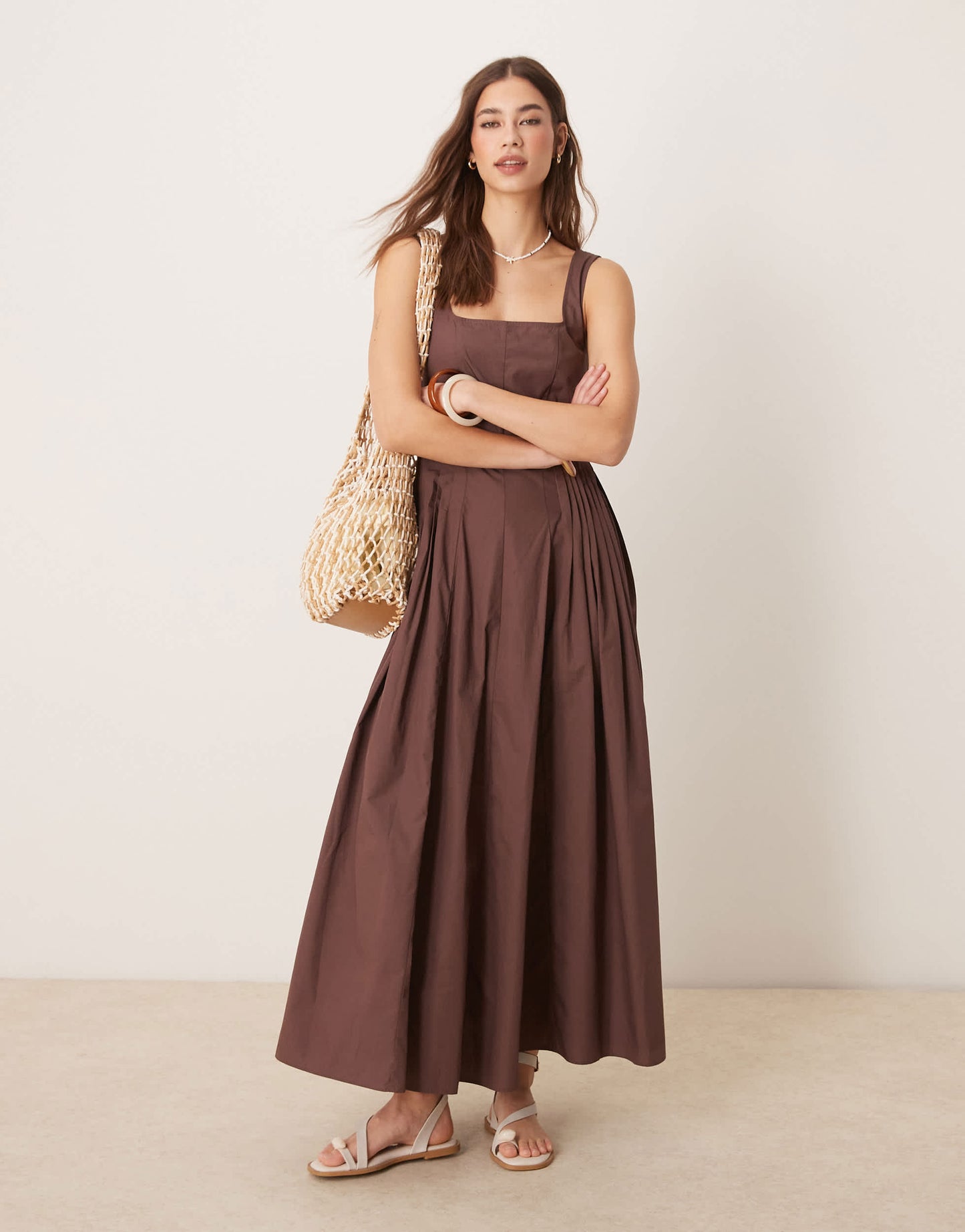 ASOS DESIGN scoop neck pleat waist midi sundress in chocolate
