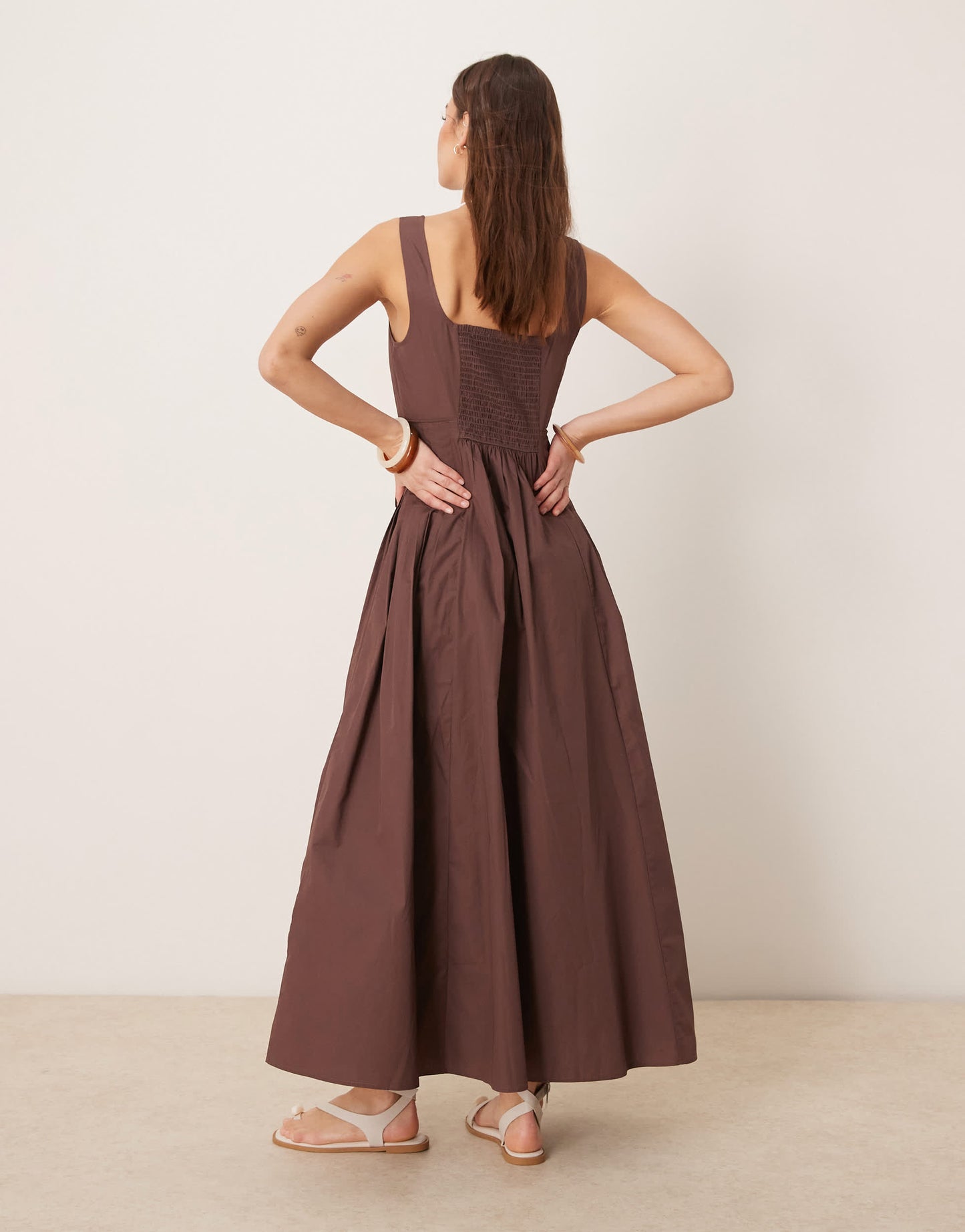 ASOS DESIGN scoop neck pleat waist midi sundress in chocolate