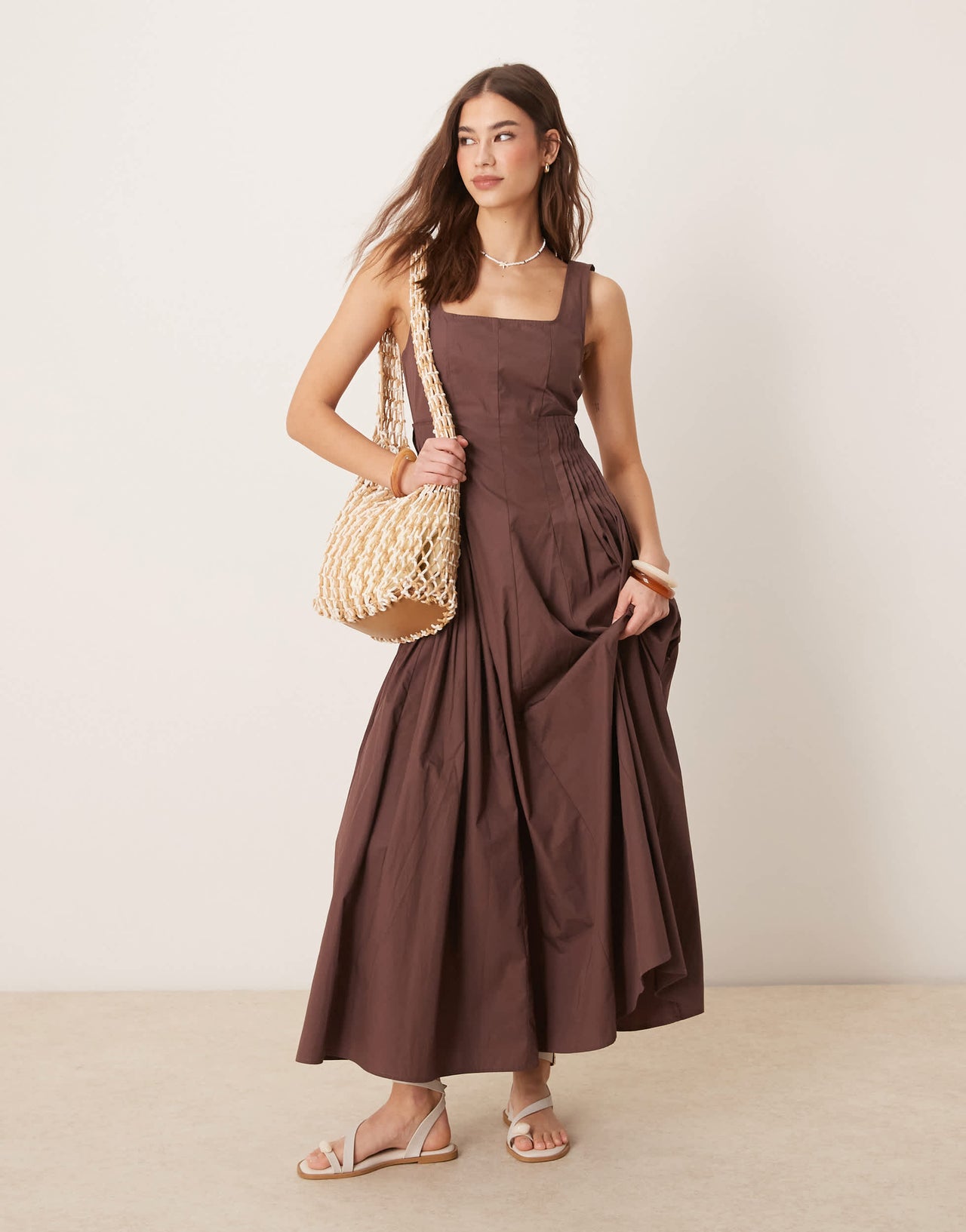 ASOS DESIGN scoop neck pleat waist midi sundress in chocolate