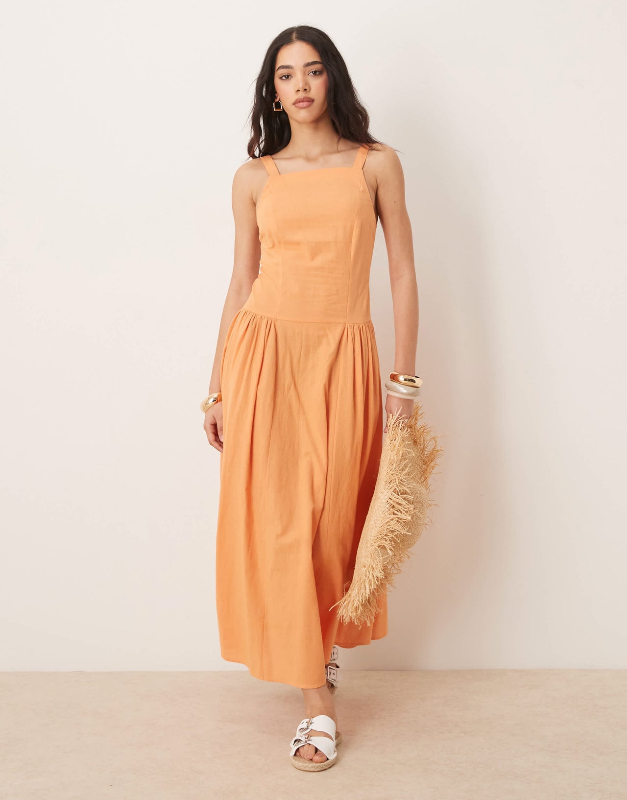 ASOS DESIGN square neck dropped waist midi sundress in papaya