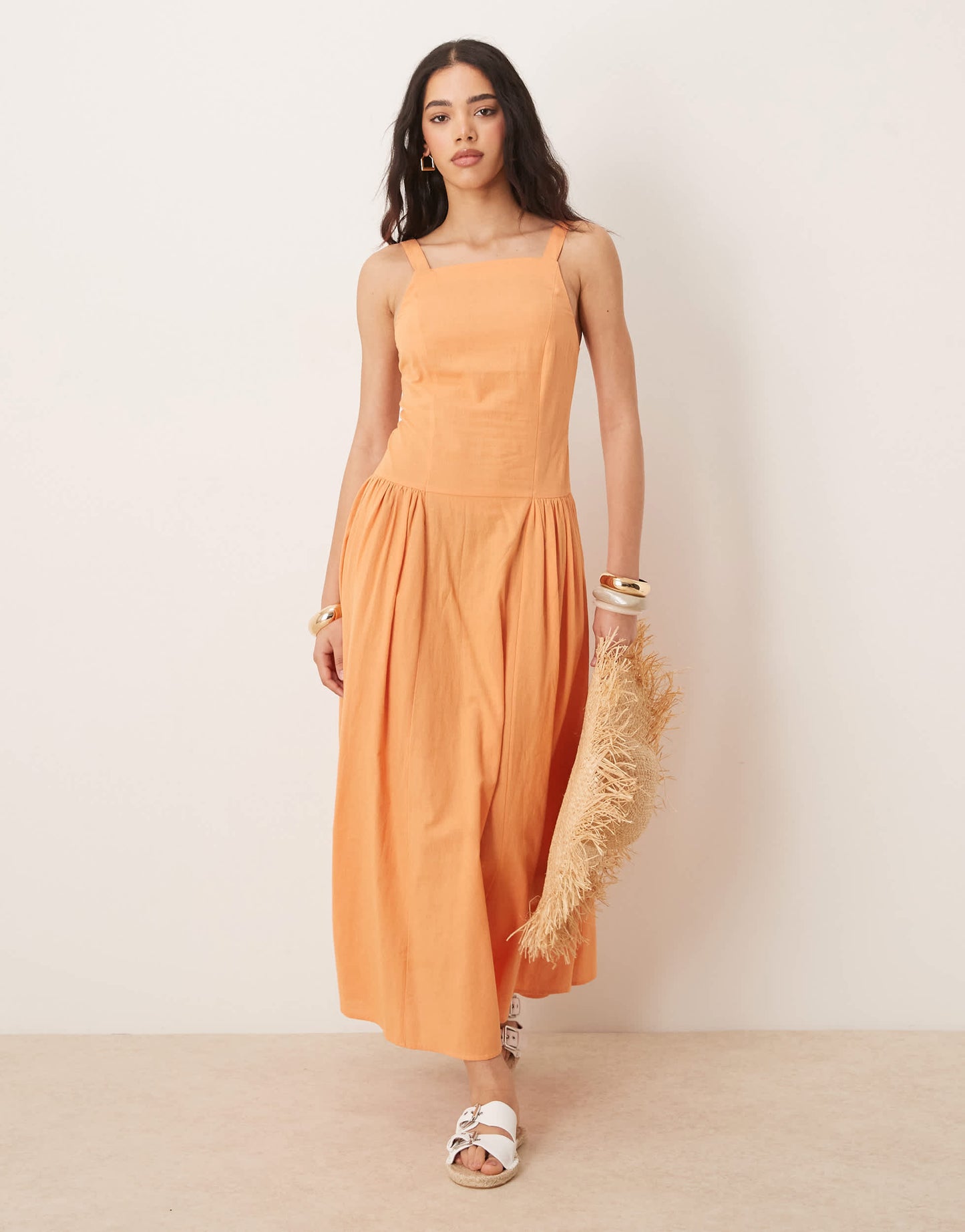 ASOS DESIGN square neck dropped waist midi sundress in papaya