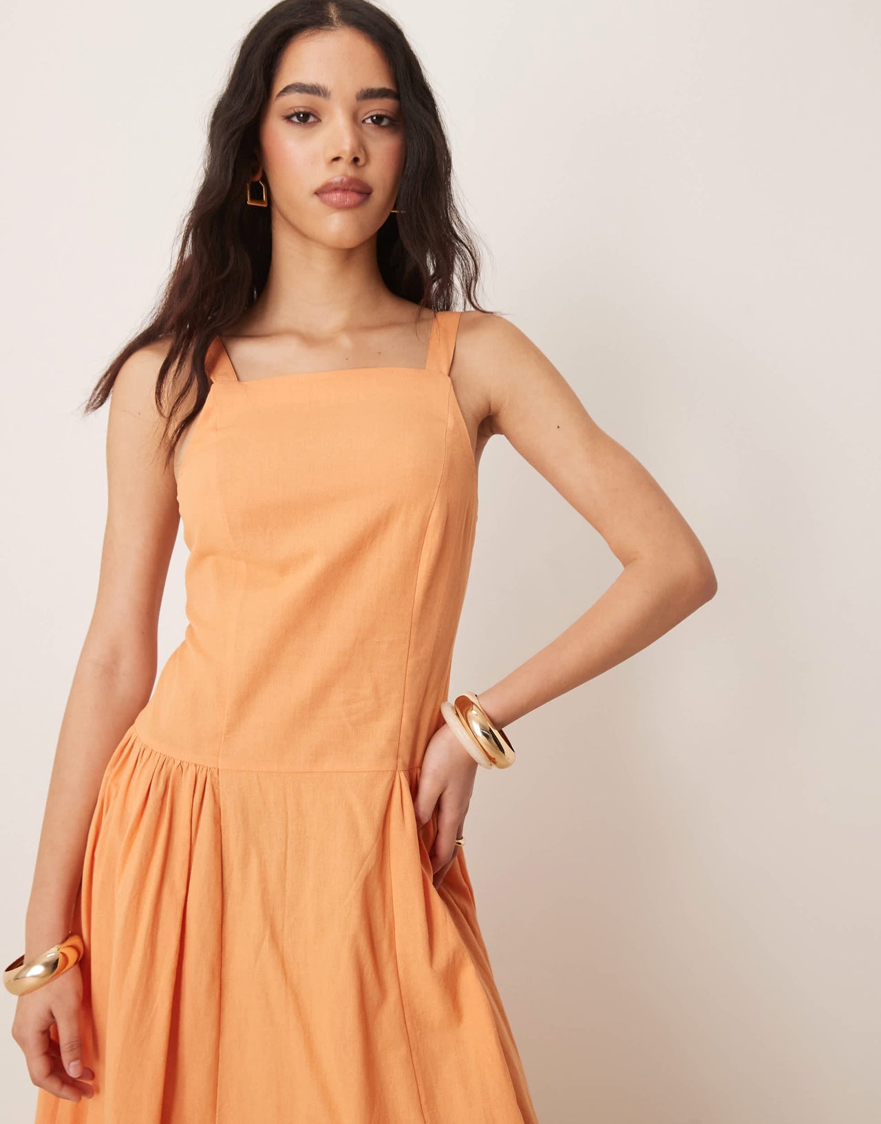 ASOS DESIGN square neck dropped waist midi sundress in papaya