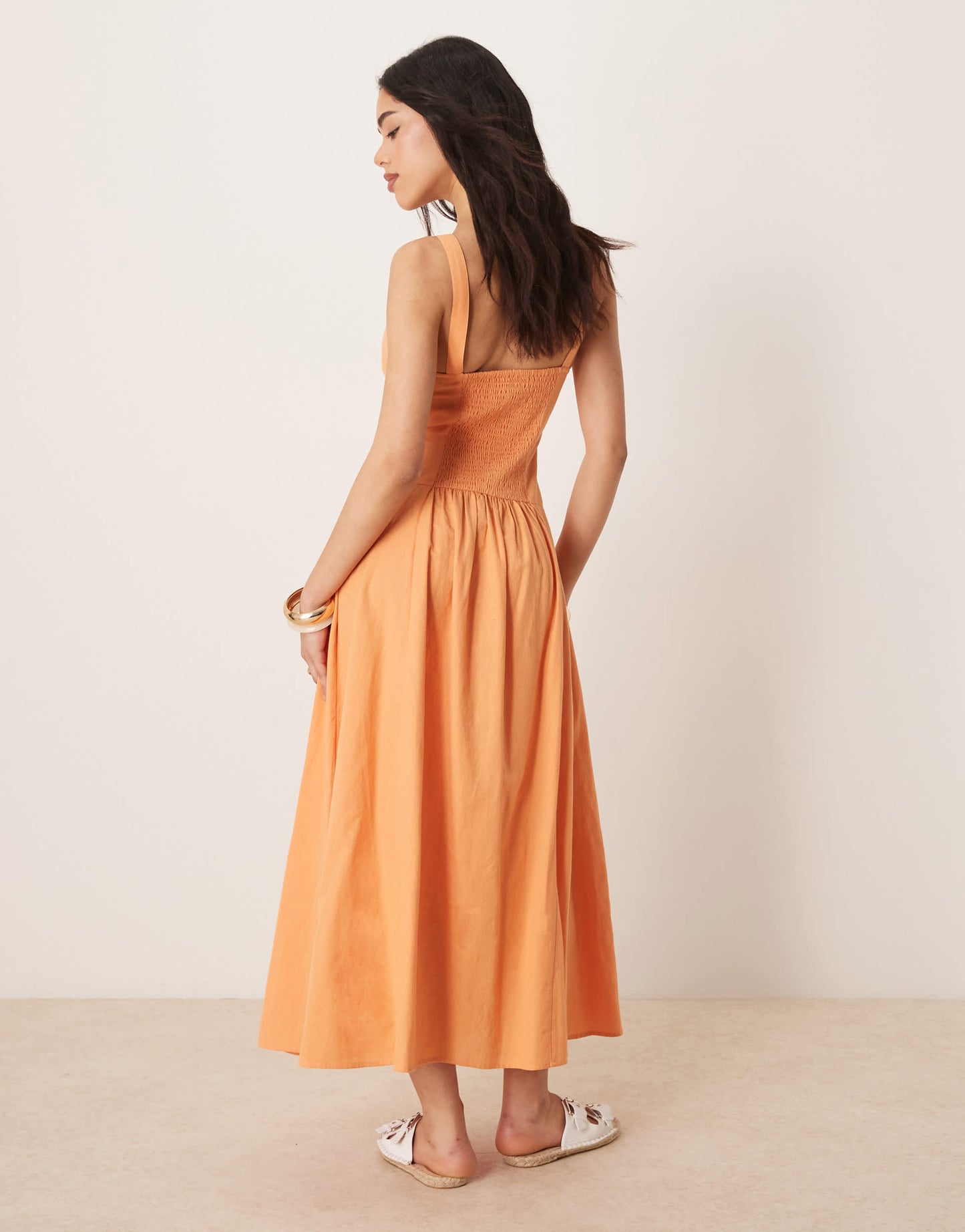 ASOS DESIGN square neck dropped waist midi sundress in papaya