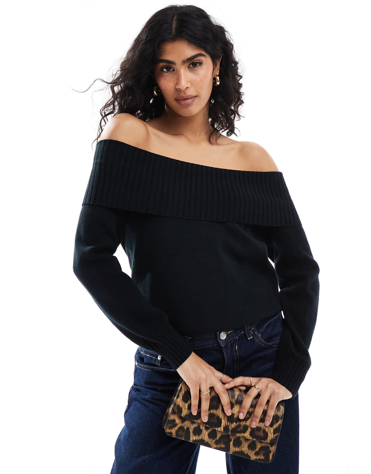 Stradivarius off the shoulder knitted top in black